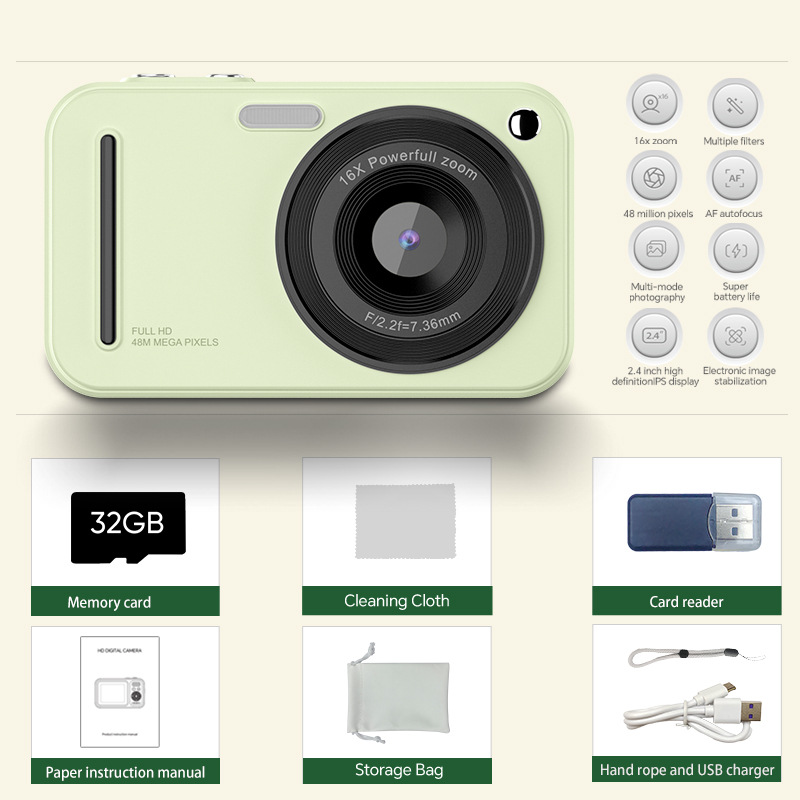 V888-ELOSUNG35546-202507021040-00 48MP Digital Camera with 16x Zoom & AF Autofocus - Full HD Vlogging Camera for Beginners & Kids(Green) - Image 1