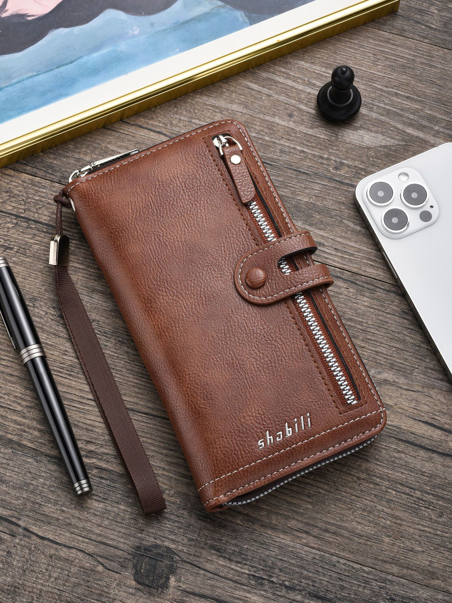 V888-ELOSUNG35608-202507071016-00 Two pieces High-Capacity PU Leather Clutch Wallet - Unisex Design with Wrist Strap, Zipper & Multiple Card Slots(Light brown) - Image 1