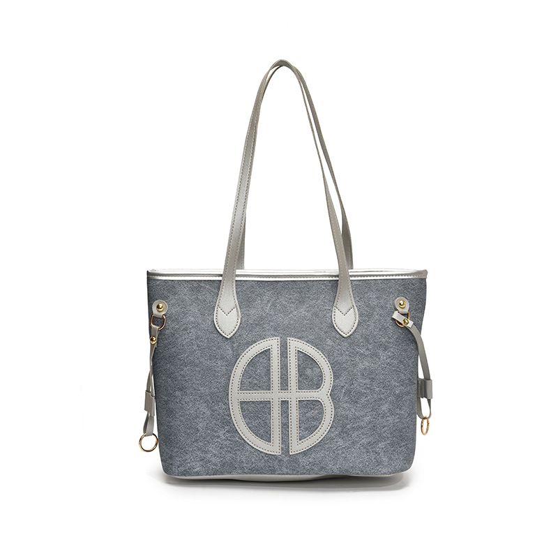 V888-ELOSUNG35670-202507151025-00 Stylish Large Capacity Tote Bag with PU Leather Trim & Logo Detail(Blue with Silver) - Image 1