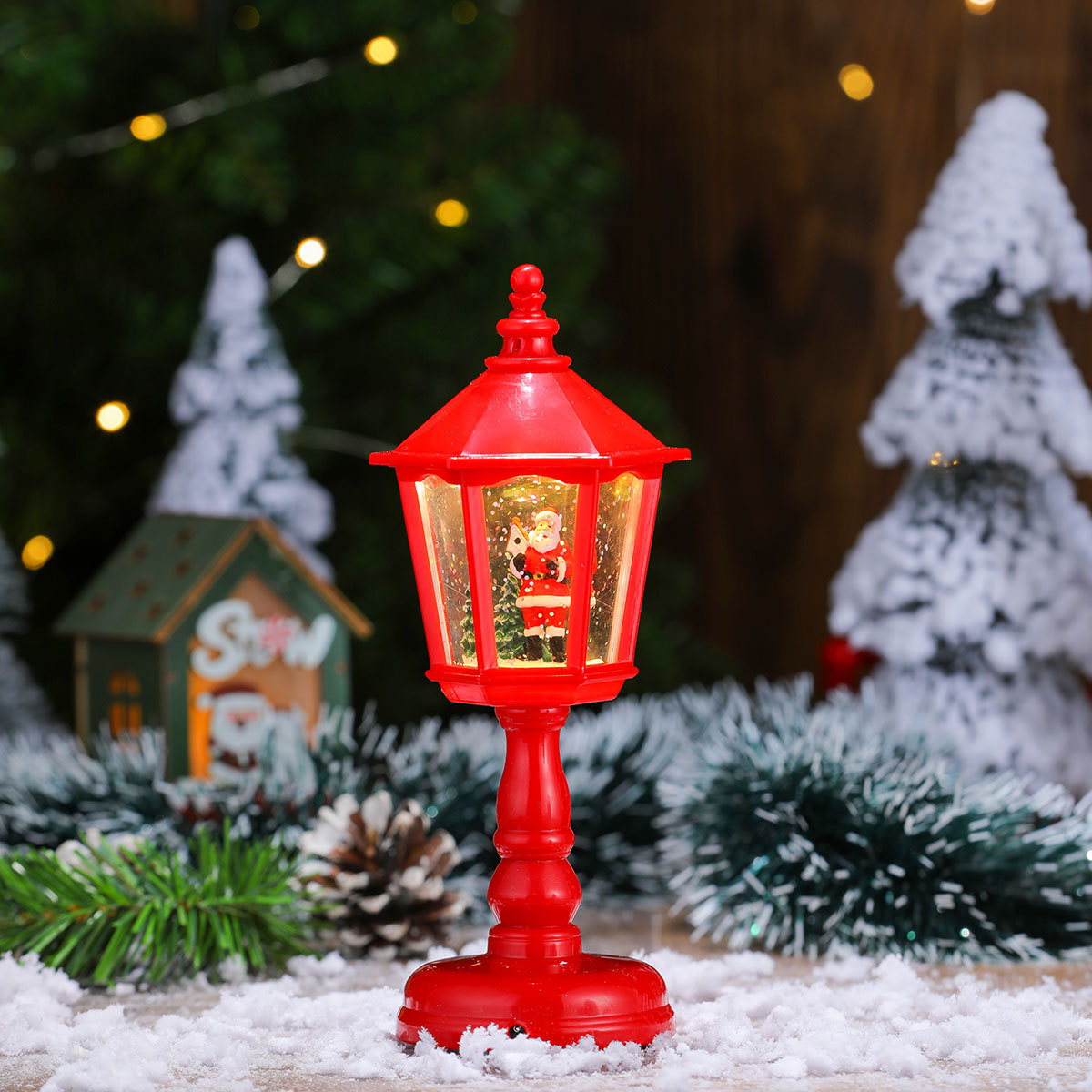V888-ELOSUNG35797-202507301027-00 Festive LED Christmas Snow Globe Lantern - Glittering Tabletop Decoration with Santa/Snowman Scene, Dual Power(red) - Image 1