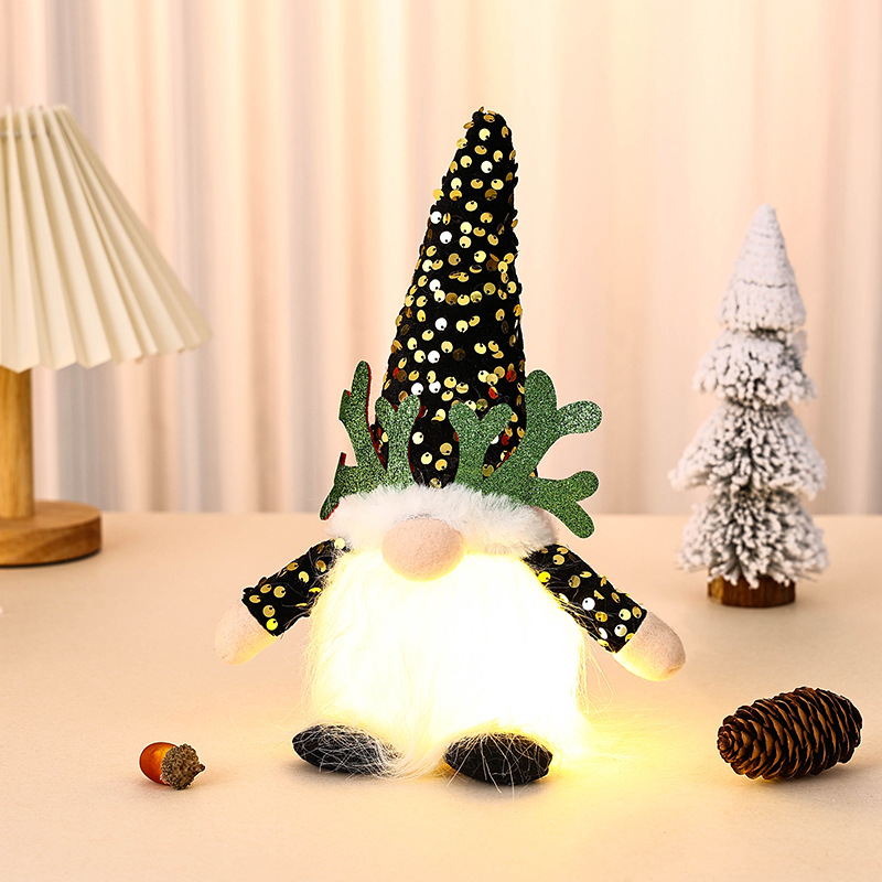 V888-ELOSUNG35810-202508011026-00 Light-Up Christmas Gnome Plush Doll with Sequin Hat & Antlers - Festive LED Tabletop Decoration(gold) - Image 1