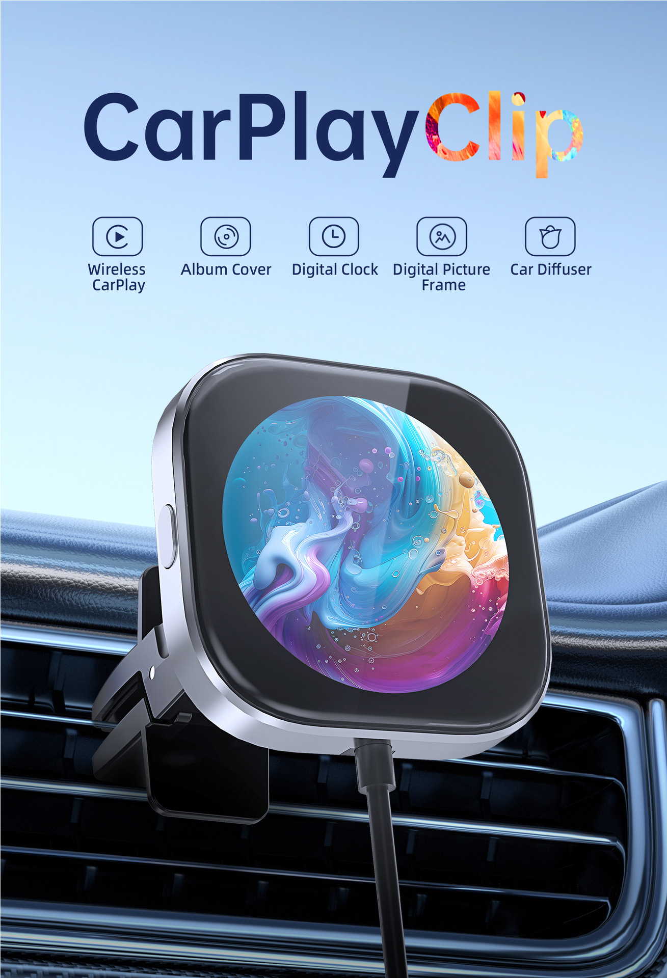 V888-ELOSUNG35862-202508111453-00 Wireless CarPlay Adapter with 1.6" Multi-Functional Screen, Car Diffuser & 360 Vent Clip(silver) - Image 1