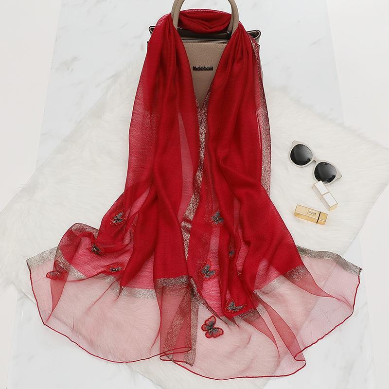 V888-ELOSUNG35864-202508121530-00 Elegant Butterfly Embroidered Scarf Shawl - Large Soft Silk Blend Wrap for Women(Red) - Image 1