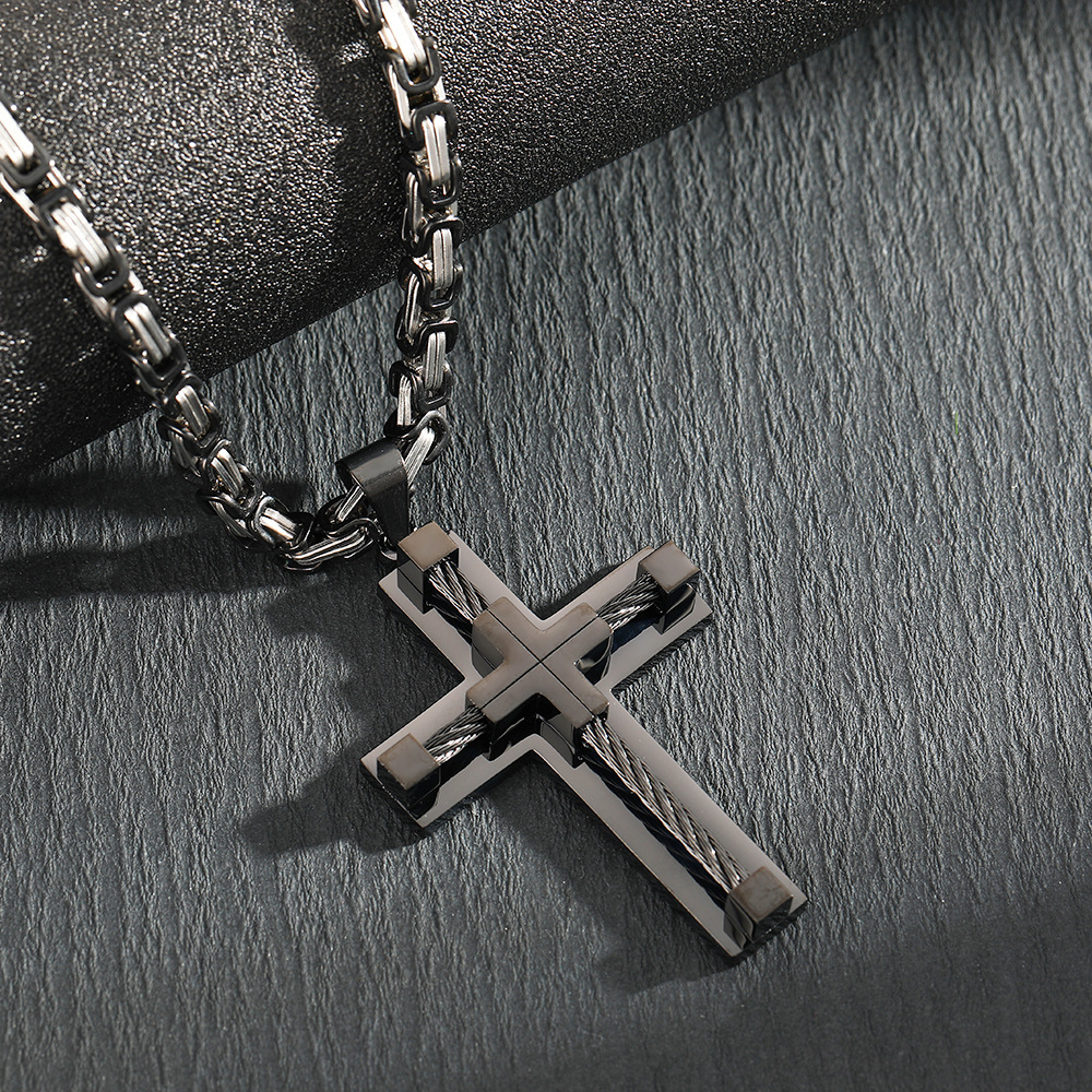 V888-ELOSUNG35890-202508191020-00 Men's Stainless Steel Layered Cross Pendant with Byzantine Chain - Fashion Statement Necklace(black) - Image 1