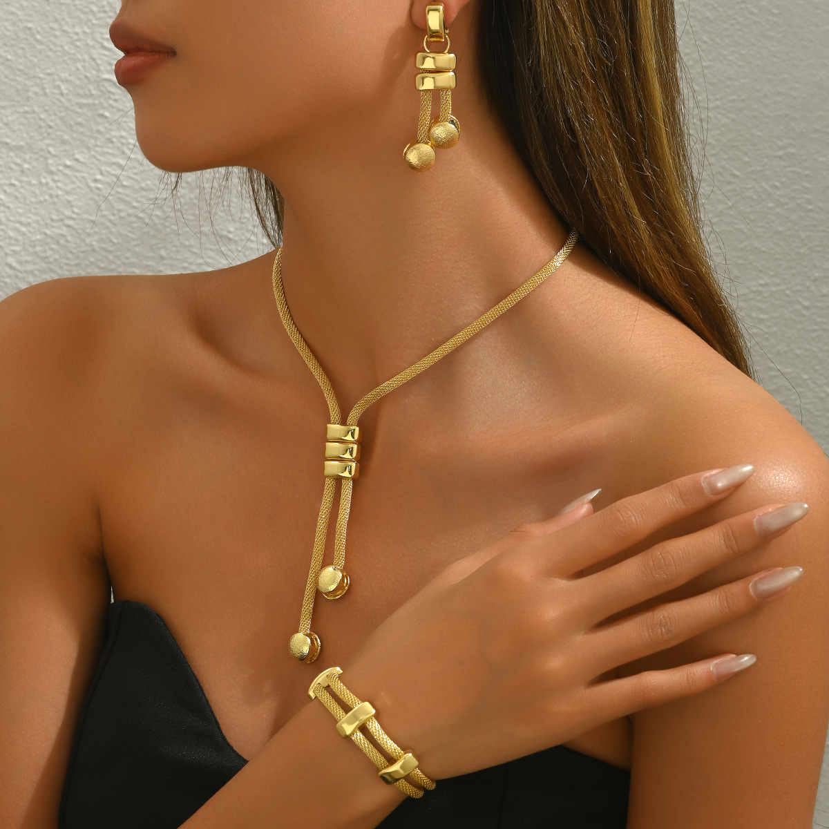 V888-ELOSUNG35891-202508191021-00 Elegant 3-Piece Mesh Chain Jewelry Set - Tassel Necklace, Bracelet & Dangle Earrings(gold) - Image 1