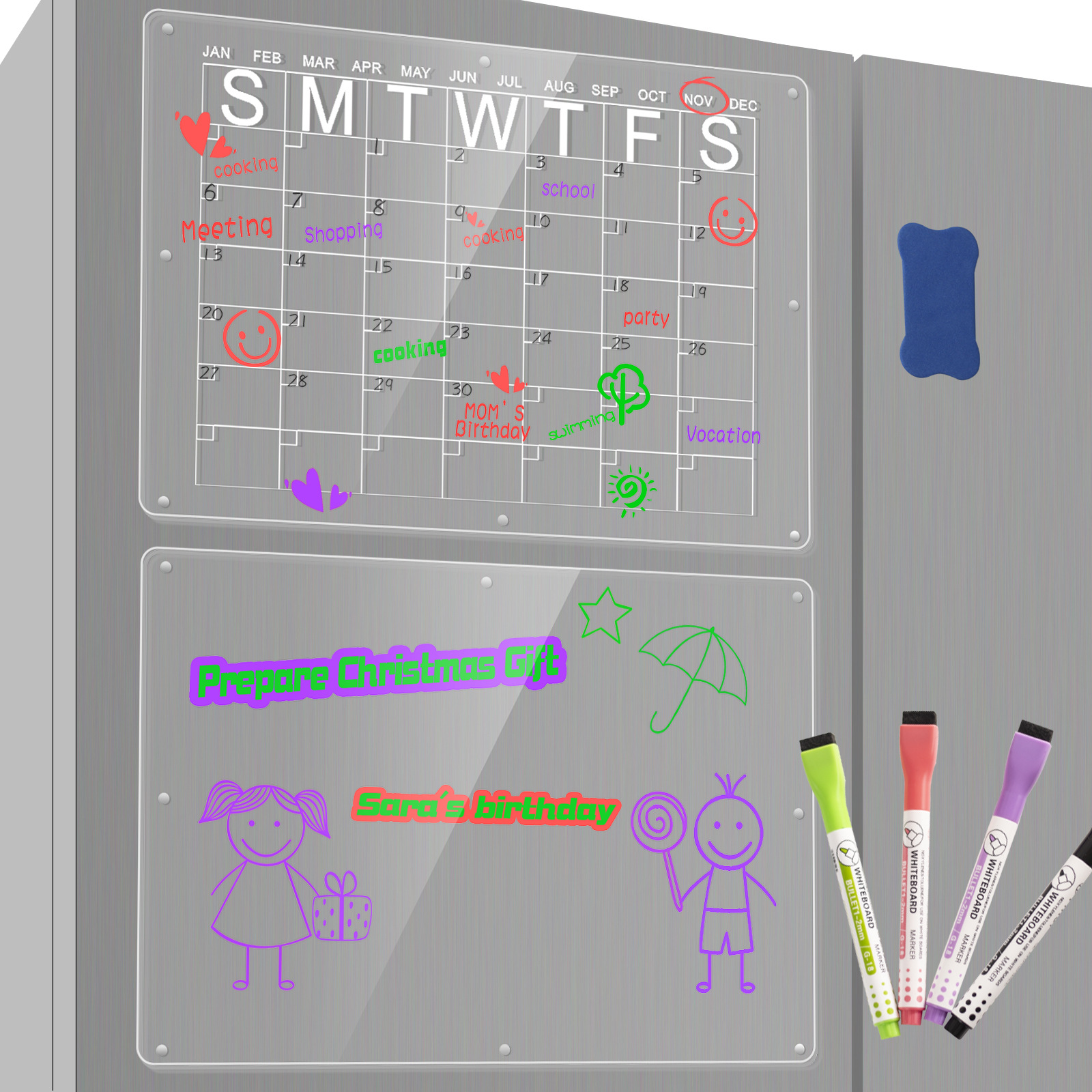 V888-ELOSUNG35944-202508300020-00 Magnetic Acrylic Fridge Calendar & Memo Board Set - Dry Erase Planner with Markers & Eraser(43*30cm 3mm) - Image 1