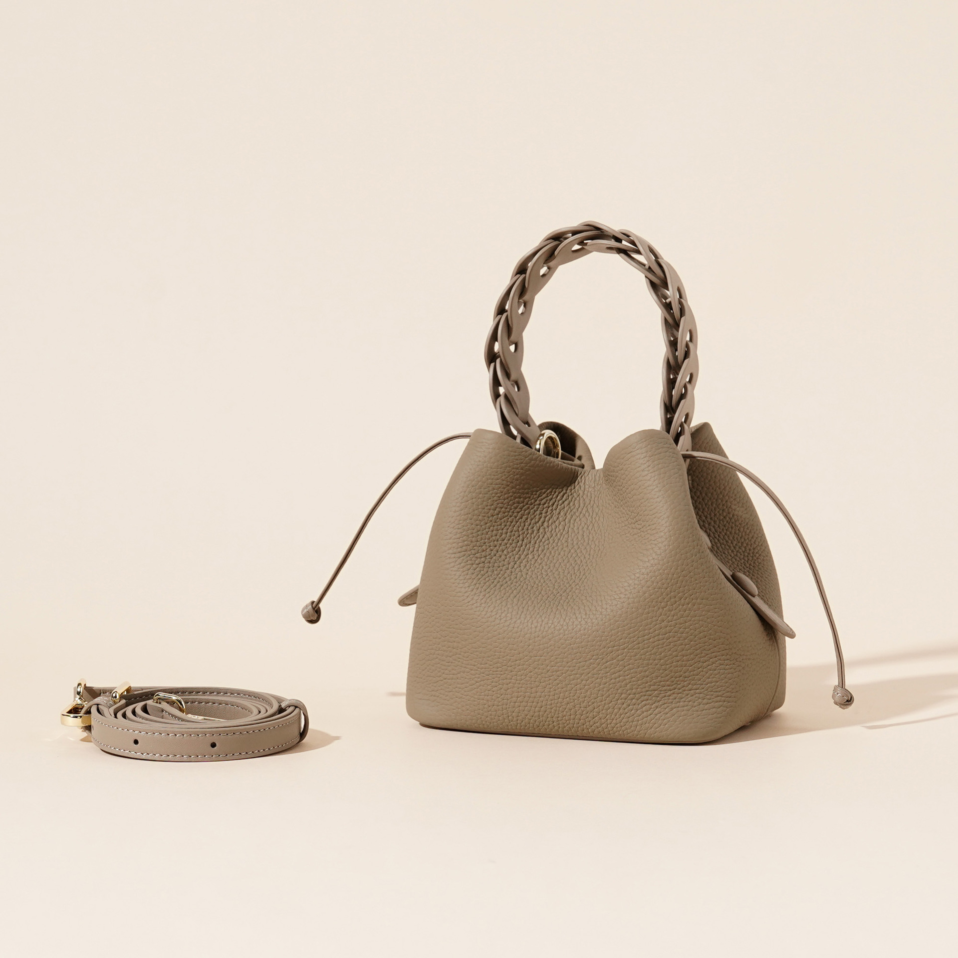 V888-ELOSUNG35984-202509041435-00 Genuine Leather Mini Bucket Bag with Braided Handle - Chic Drawstring Crossbody Purse(Gray) - Image 1