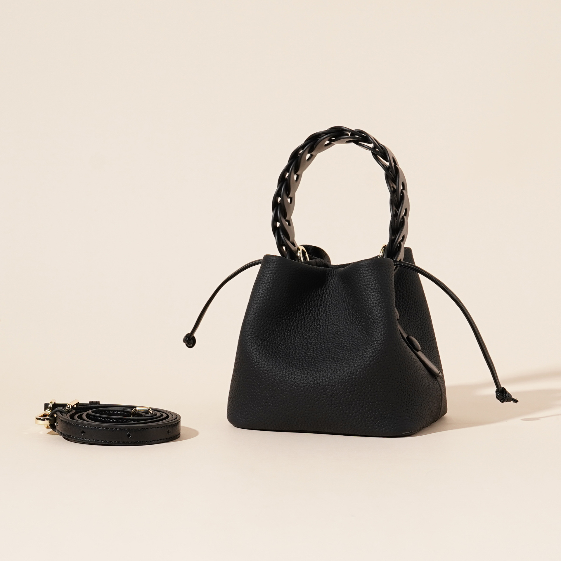 V888-ELOSUNG35985-202509041435-00 Genuine Leather Mini Bucket Bag with Braided Handle - Chic Drawstring Crossbody Purse(Black) - Image 1