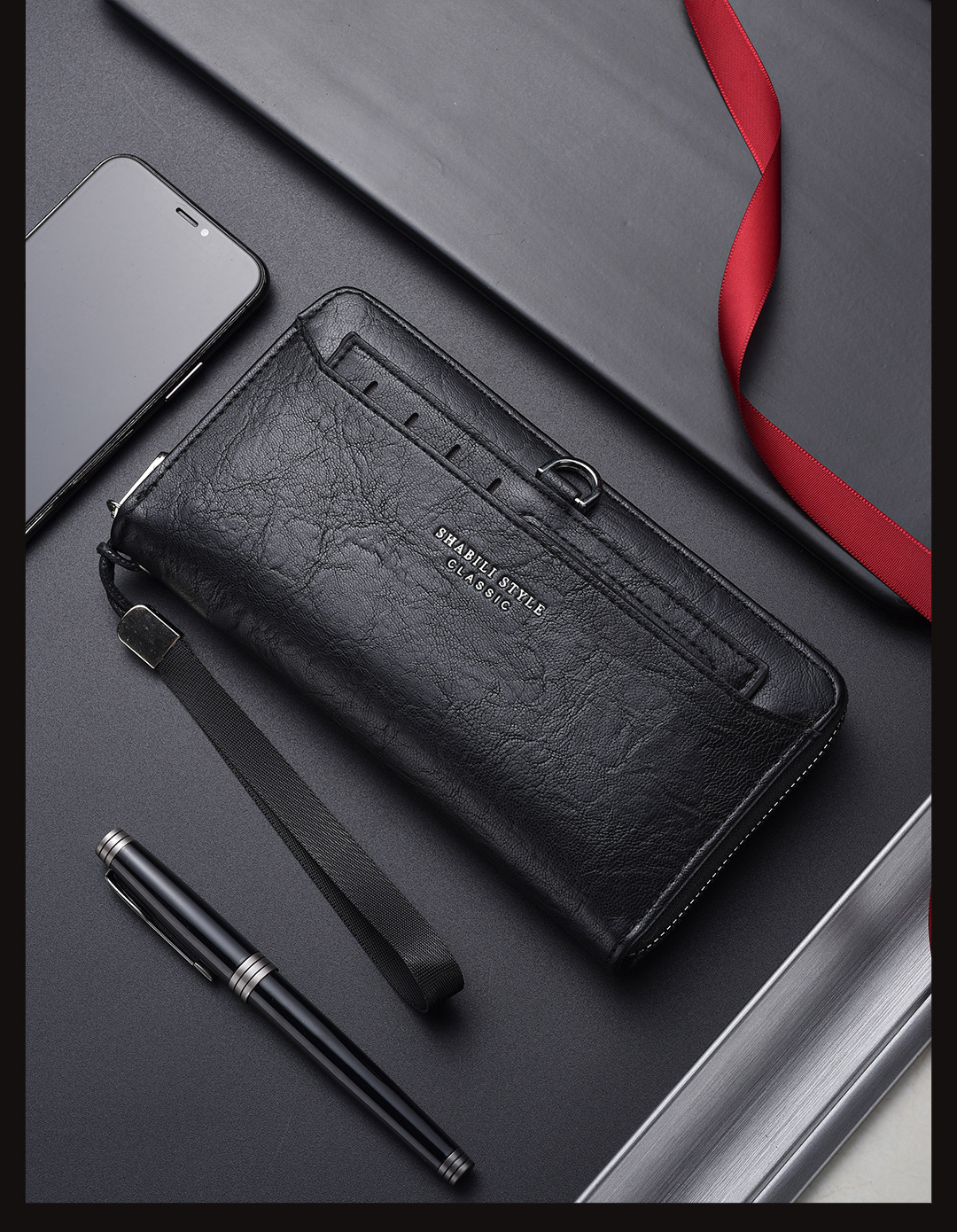 V888-ELOSUNG36002-202507211311-00 Black Classic Long Zipper Wallet Clutch - Large Capacity PU Leather Phone & Card Holder with Wrist Strap - Image 1