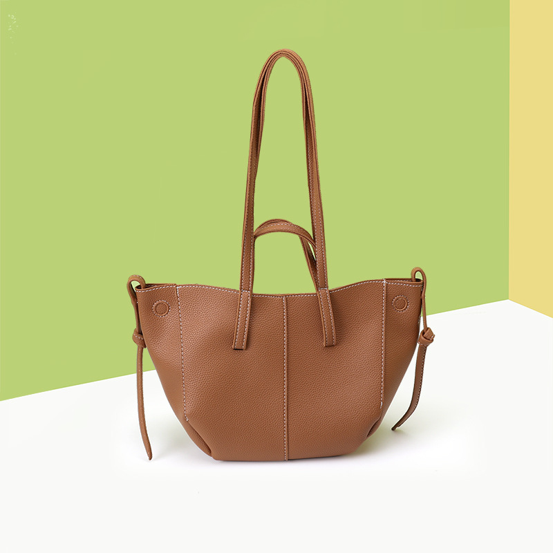 V888-ELOSUNG36067-202507281654-00 Brown Chic Minimalist PU Leather Tote Bag - Women's Versatile Shoulder Handbag with Contrast Stitching - Image 1