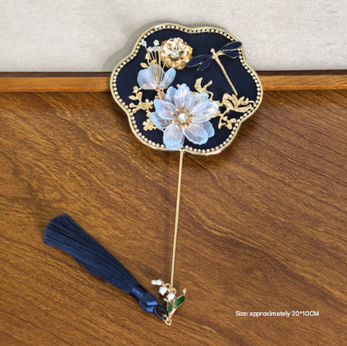 V888-ELOSUNG36128-202508041448-00 Dark Blue Exquisite Chinese Palace Style Mini Fan - Handheld Decorative Prop with Tassel for Photoshoots - Image 1