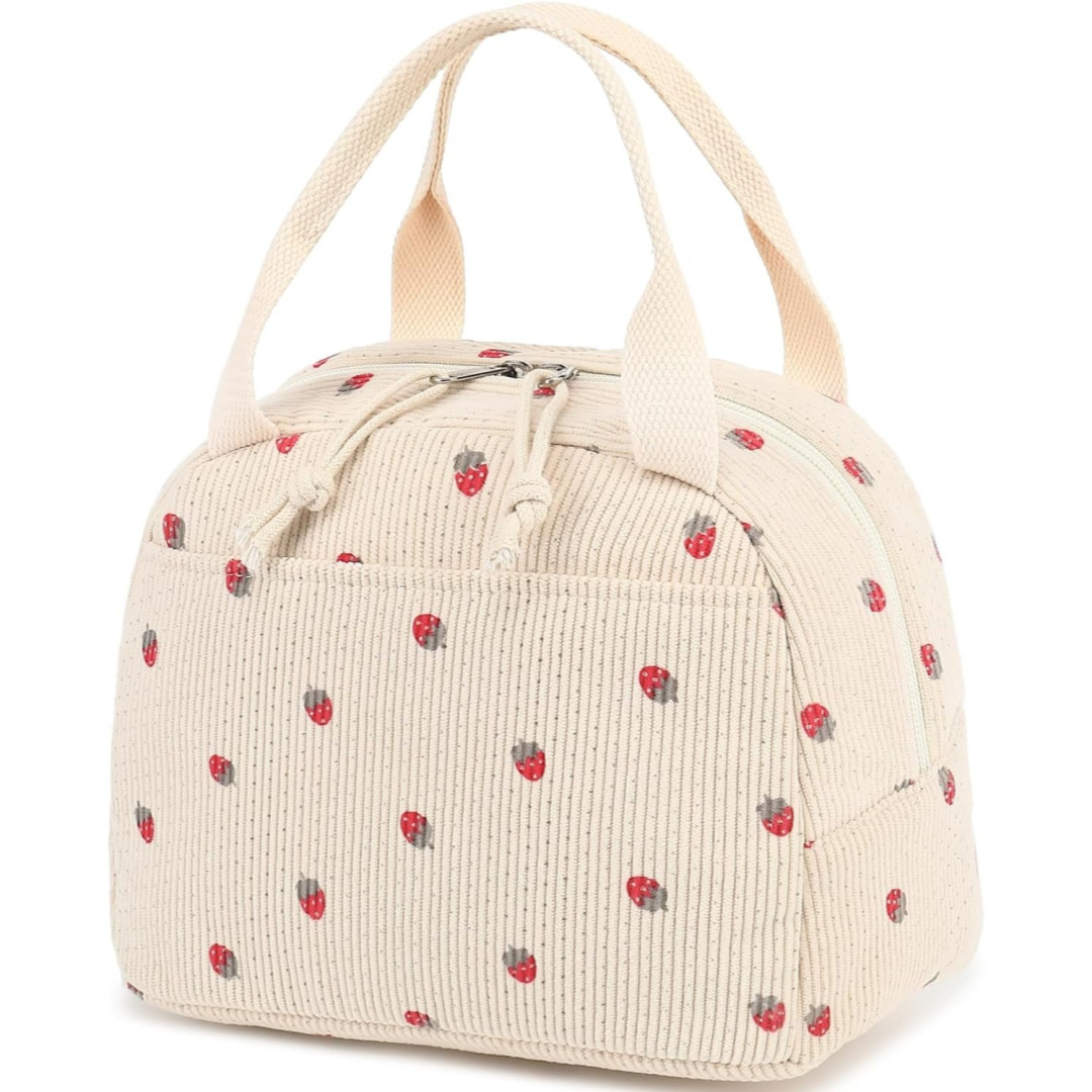 V888-ELOSUNG36146-202508051615-00 Beige Strawberry Pattern Corduroy Lunch Bag - Insulated Thermal Cooler Tote for School Work and Picnics - Image 1