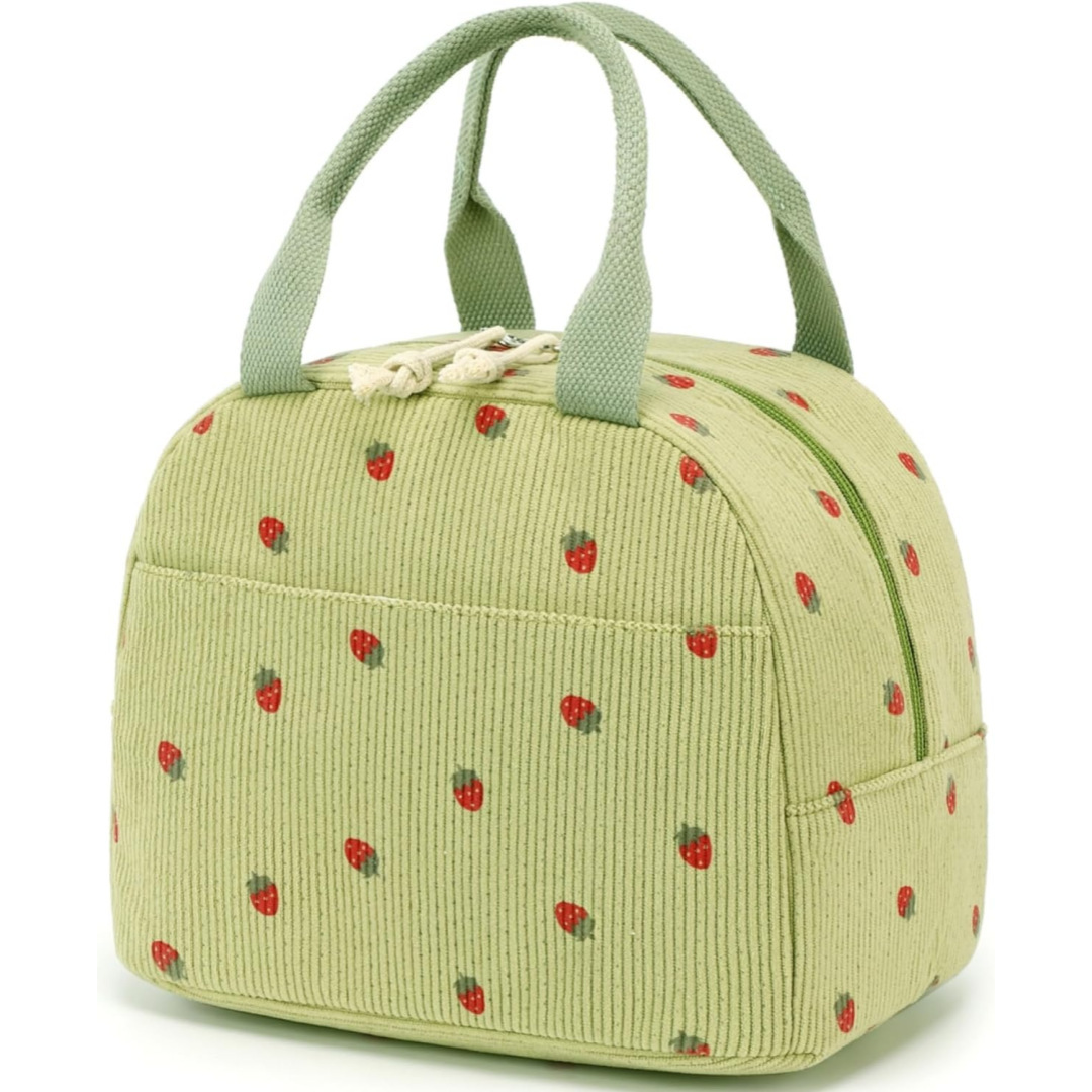 V888-ELOSUNG36147-202508051615-00 Green Strawberry Pattern Corduroy Lunch Bag - Insulated Thermal Cooler Tote for School Work and Picnics - Image 1