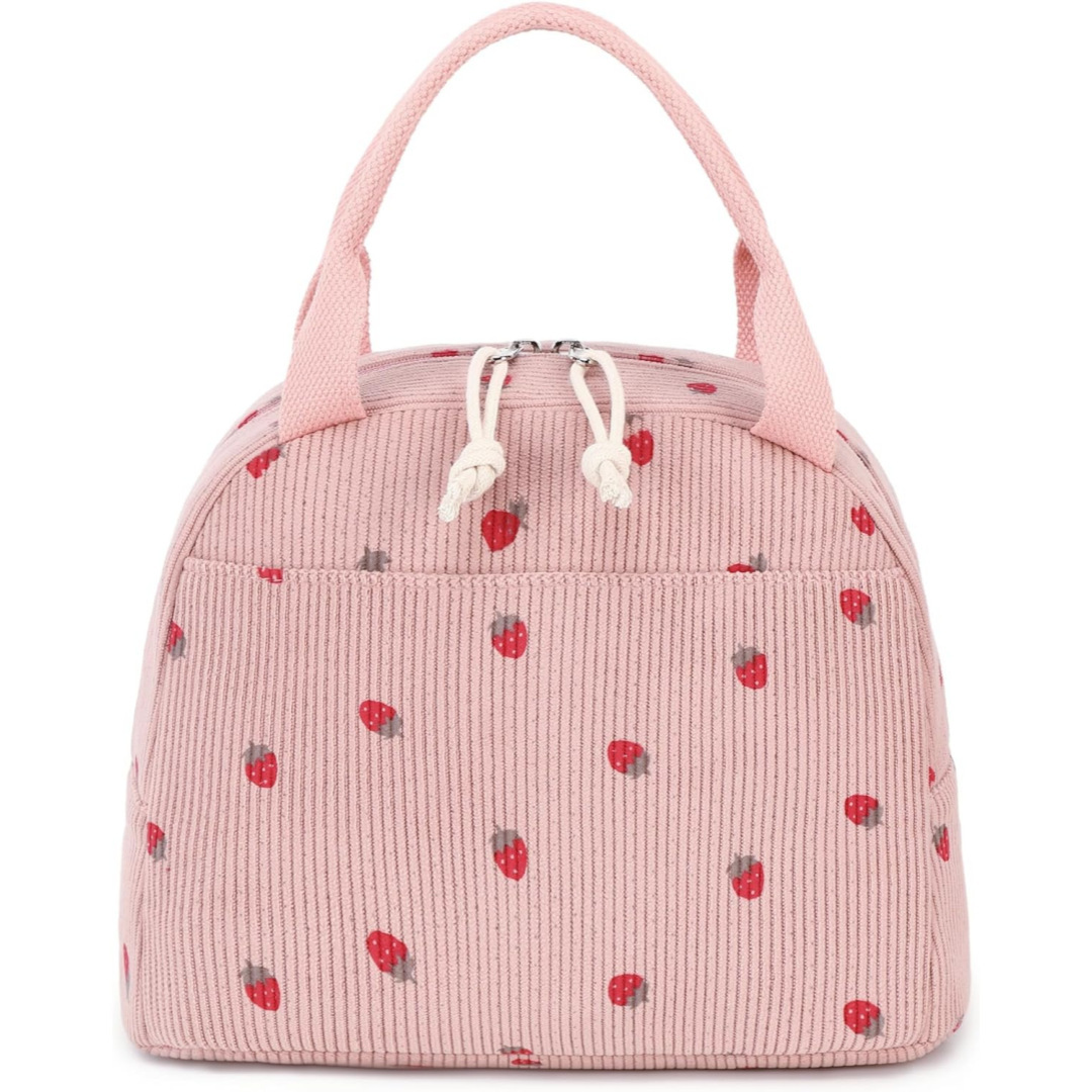 V888-ELOSUNG36148-202508051615-00 Pink Strawberry Pattern Corduroy Lunch Bag - Insulated Thermal Cooler Tote for School Work and Picnics - Image 1