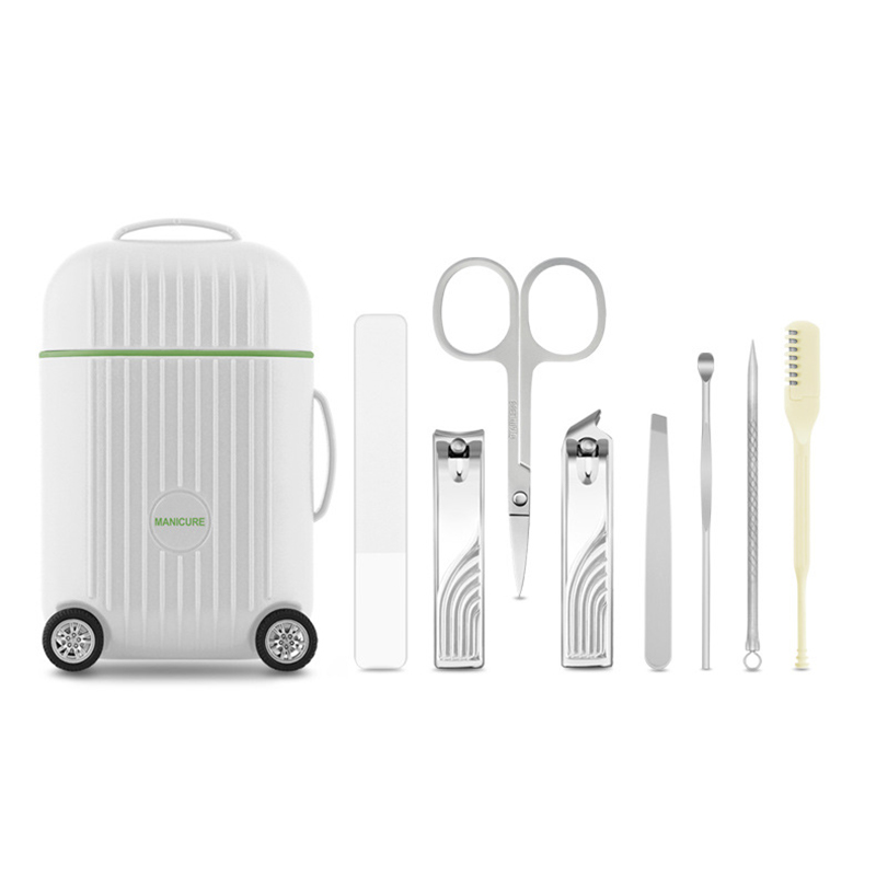 V888-ELOSUNG36174-202508071511-00 White Mini Suitcase Manicure Set - 8-Piece Portable Grooming & Nail Care Travel Kit - Image 1