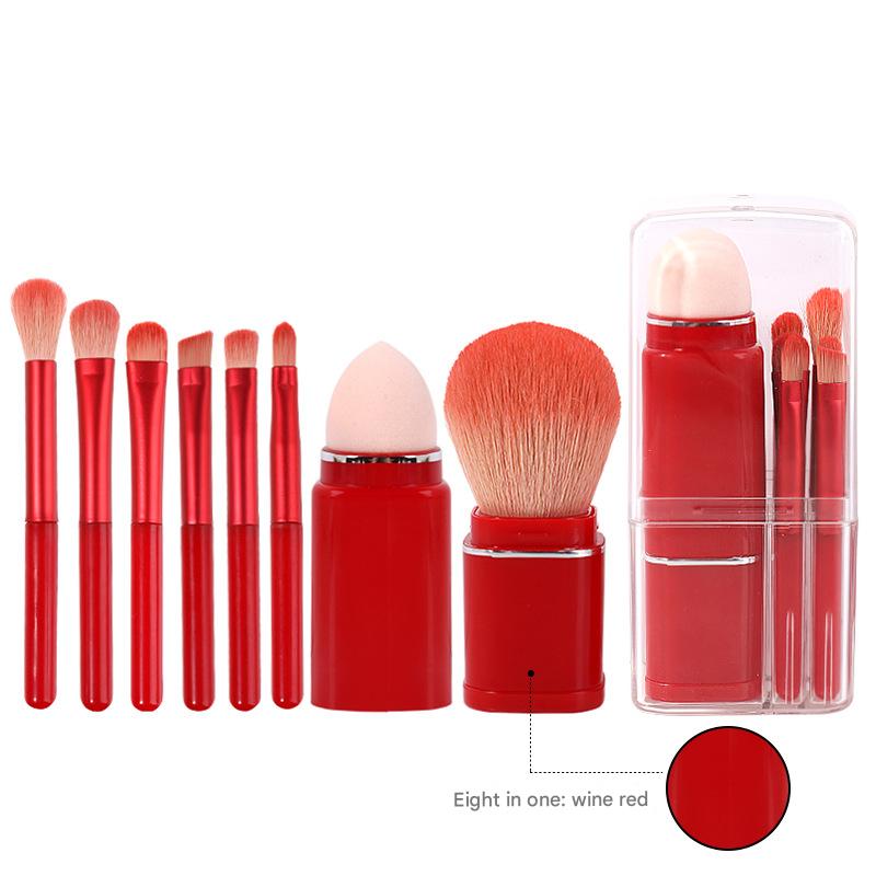 V888-ELOSUNG36246-202508131415-00 Wine Red Compact 8-in-1 Makeup Brush Set - Portable Travel Kit with Retractable Brushes and Case - Image 1