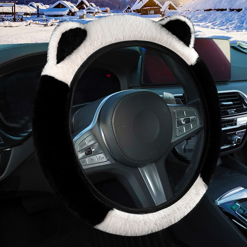 V888-ELOSUNG36263-202508131416-00 Black Stitching White Plush Cat Ear Steering Wheel Cover - Cute & Fuzzy Winter Grip, Universal 38cm Fit - Image 1