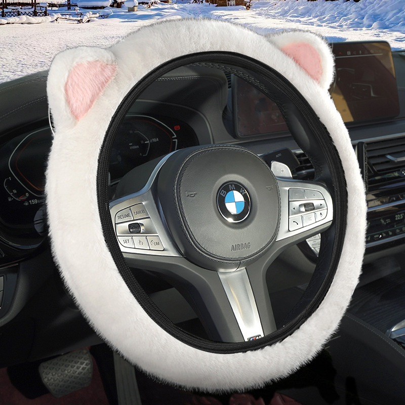 V888-ELOSUNG36265-202508131420-00 White Plush Cat Ear Steering Wheel Cover - Cute & Fuzzy Winter Grip, Universal 38cm Fit - Image 1