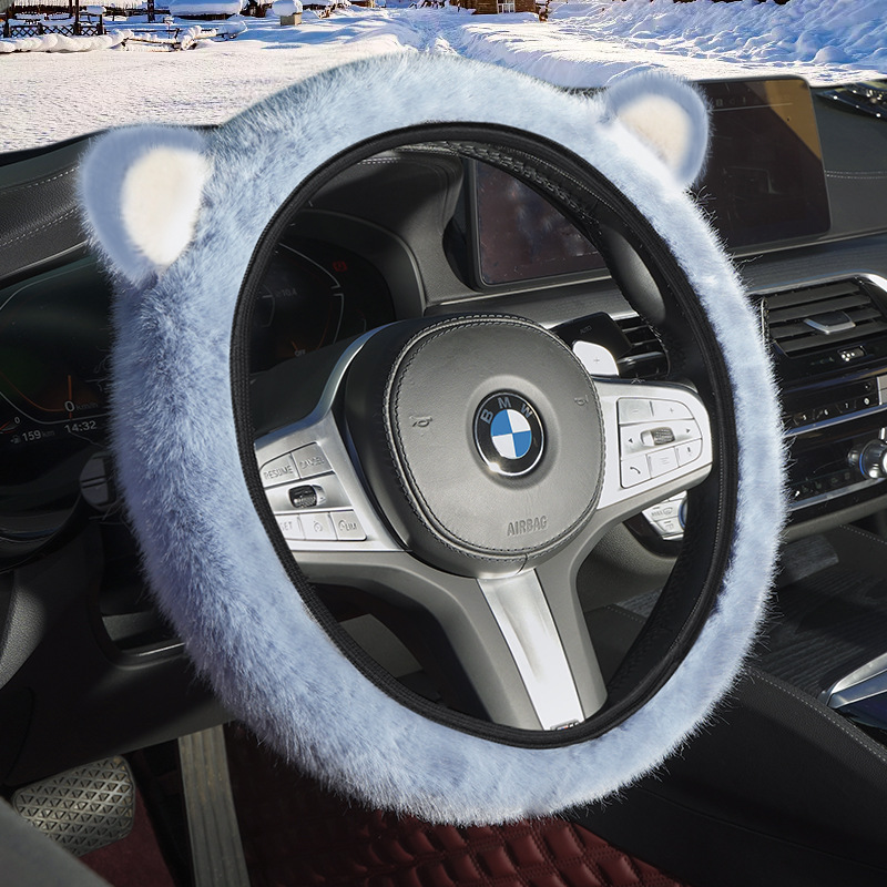 V888-ELOSUNG36268-202508131420-00 Blue Plush Cat Ear Steering Wheel Cover - Cute & Fuzzy Winter Grip, Universal 38cm Fit - Image 1