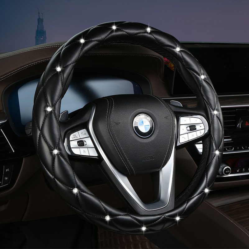 V888-ELOSUNG36269-202508131420-00 Black Luxury Bling Steering Wheel Cover - Black Quilted Leather with Crystal Rhinestones, Universal 38cm Fit - Image 1