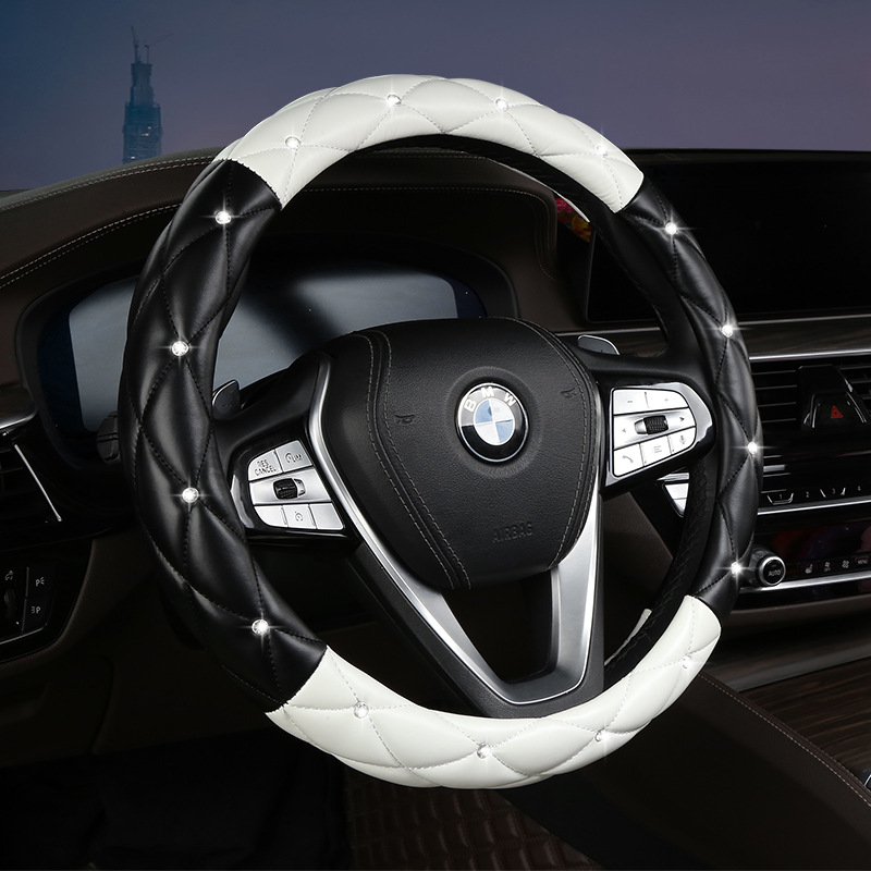 V888-ELOSUNG36275-202508131421-00 Black and White Luxury Bling Steering Wheel Cover - Black Quilted Leather with Crystal Rhinestones, Universal 38cm Fit - Image 1