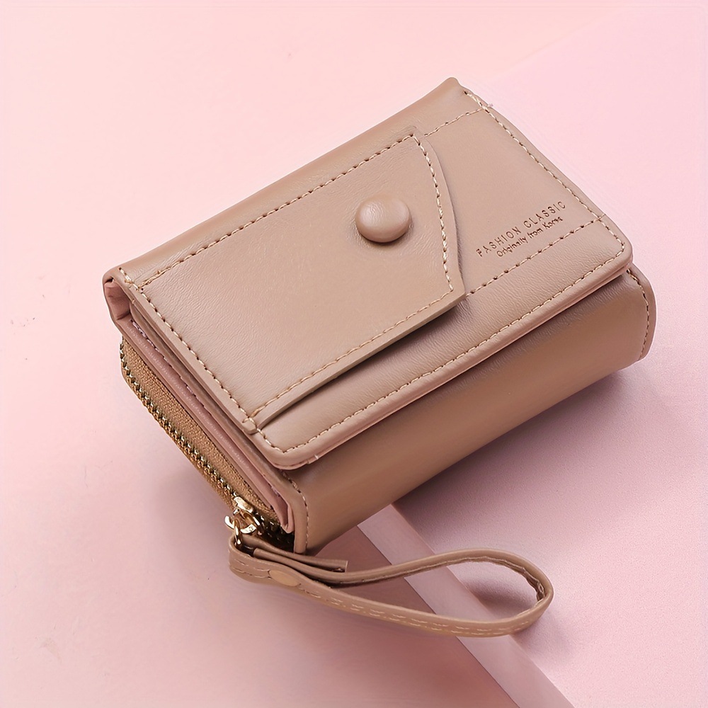 V888-ELOSUNG36335-202508191035-00 Khaki Chic Compact Trifold Wallet for Women - PU Leather Card Holder with Zipper Coin Purse & Wristlet Strap - Image 1