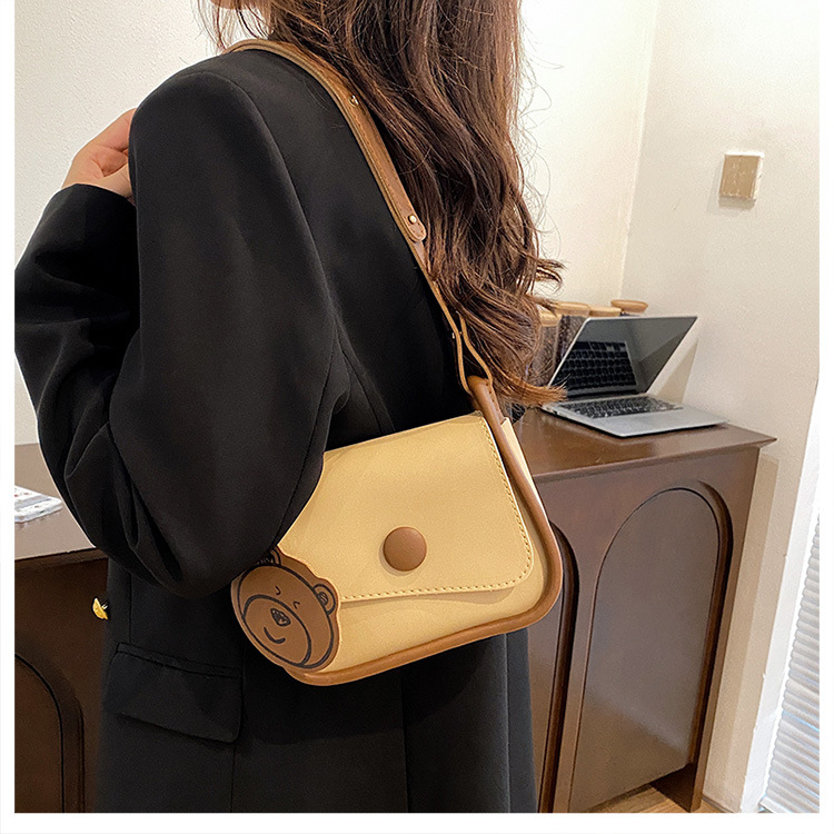 V888-ELOSUNG36377-202509011645-00 Khaki and Brown Chic PU Leather Crossbody Bag with Cute Bear Charm - Adjustable Strap Shoulder Purse - Image 1