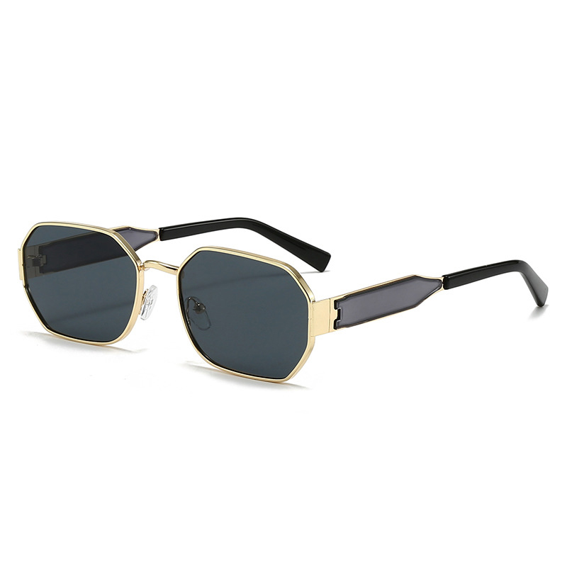 V888-ELOSUNG36436-202509081040-00 Gold Frame and Black Grey Lenses Modern Retro Geometric Sunglasses - Chic Metal Frame with UV400 Lenses and Black PU Leather Protective Case - Image 1