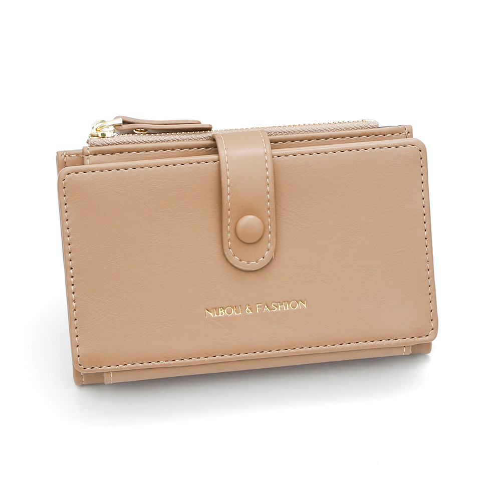 V888-ELOSUNG36446-202509091020-00 Khaki Compact Bifold Wallet for Women - High Capacity PU Leather Purse with Zipper Coin Pocket - Image 1
