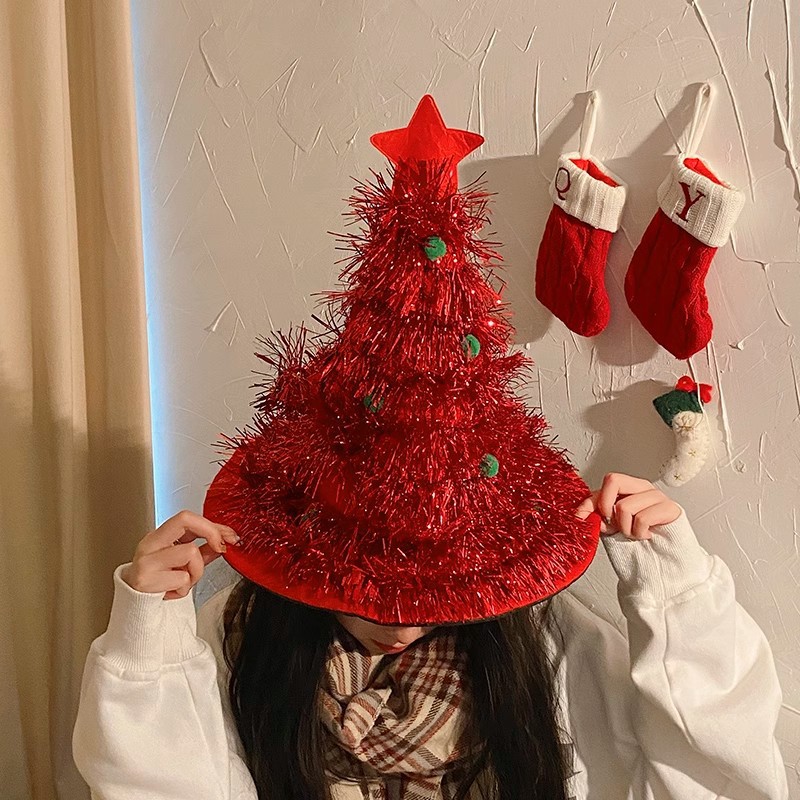 V888-ELOSUNG36473-202509101610-00 Red Sparkly Tinsel Christmas Tree Hat - Festive Holiday Party Headwear for Adults & Kids - Image 1