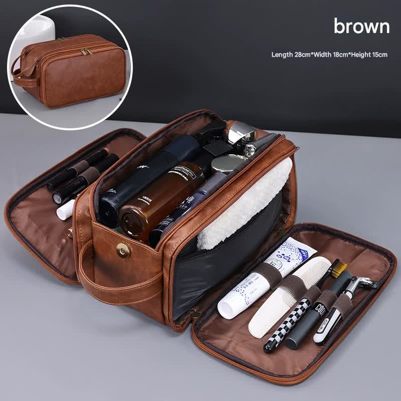 V888-ELOSUNG37018-202509101431-00 Large Capacity PU Leather Toiletry Bag - Multi-Compartment Dopp Kit & Cosmetic Organizer(Brown) - Image 1