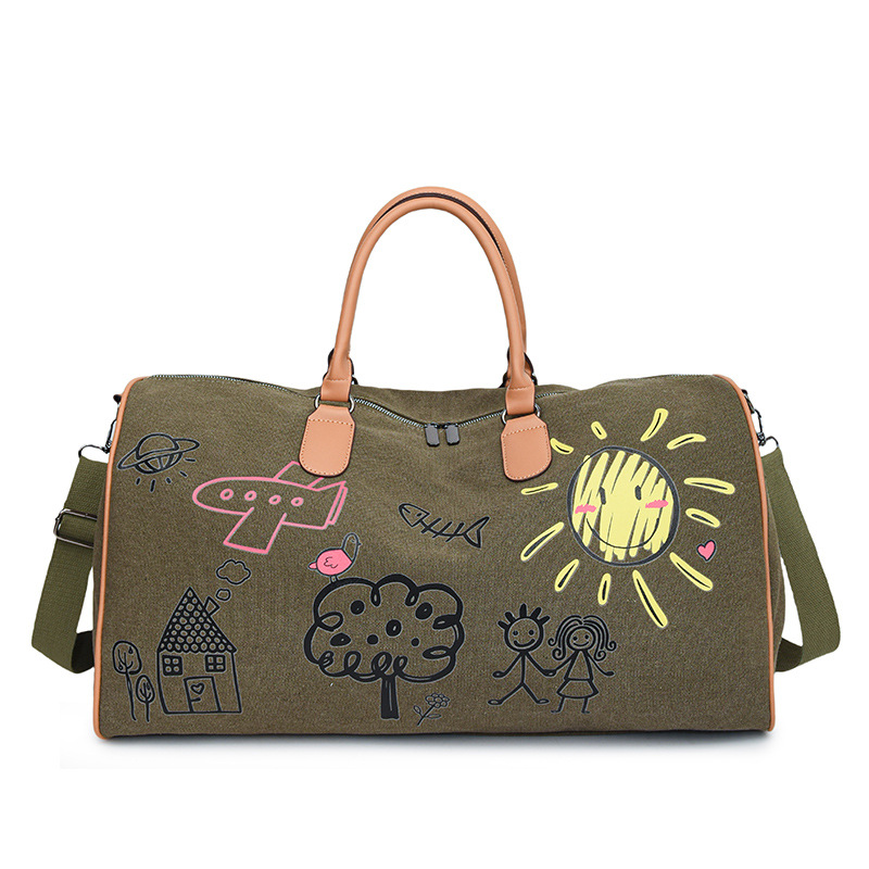 V888-ELOSUNG37028-202509111145-00 Large Capacity Canvas Travel Duffel Bag with Doodle Print - Weekend & Gym Tote(Green) - Image 1