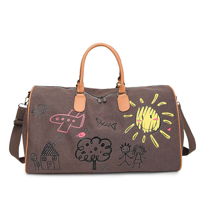 V888-ELOSUNG37029-202509111145-00 Large Capacity Canvas Travel Duffel Bag with Doodle Print - Weekend & Gym Tote(Coffee) - Image 1