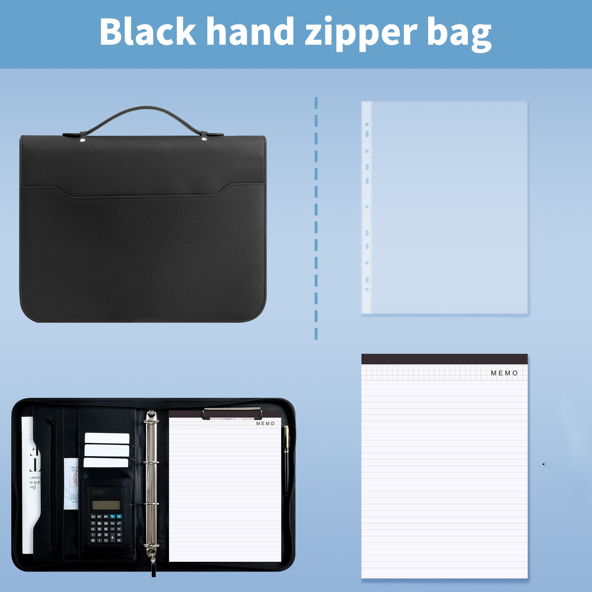 V888-ELOSUNG37036-202509120955-00 Professional PU Leather A4 Portfolio Binder with Zipper, Handle, Calculator & Clipboard(black) - Image 1