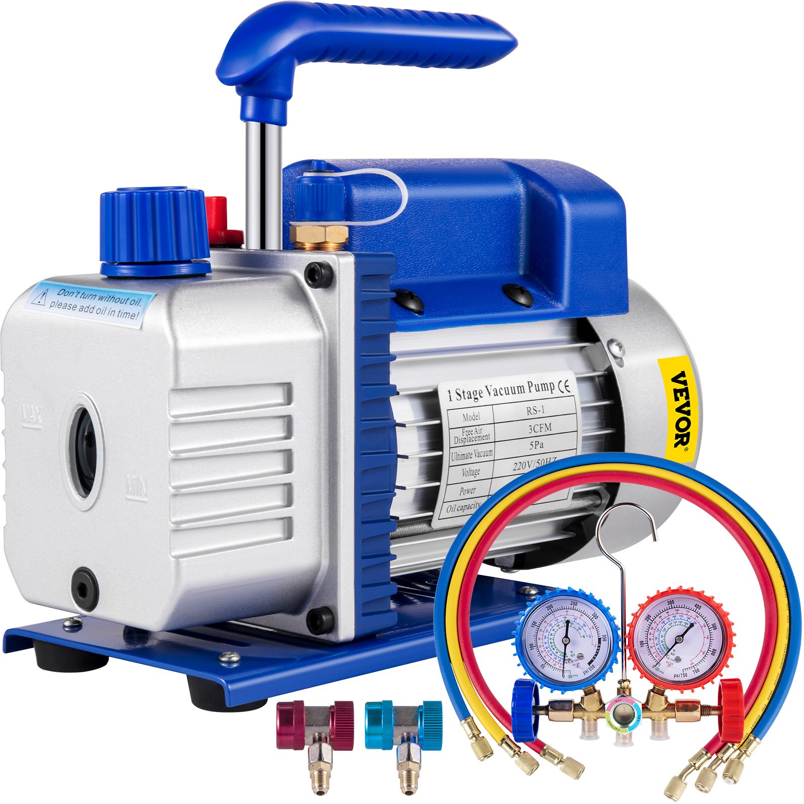 V952-3CFM1-4HPZKBZJ001V3-202508011716-00 VEVOR 3CFM 84 L/M 1-Stage, Refrigerant Vacuum Pump Refrigeration Gauges A/C Air Conditioning 1440 RPM 1/4 HP, 3 pcs hoses 800 PSI Refrigeration Gauges - Image 1