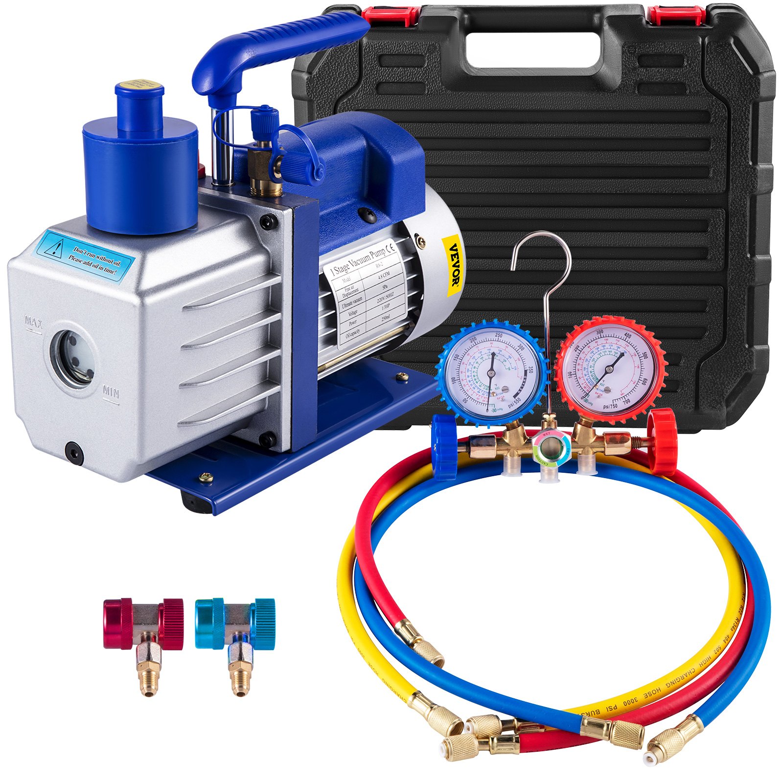 V952-48CFM13HPZKB3F1V3-202508011736-00 VEVOR Vacuum Pump 4.8CFM 1/3HP Air Vacuum Pump HVAC A/C Air Refrigerant Rotary Vane Vacuum Pump Single Stage 4 Valve AC Manifold Gauge Set (4.8CFM1/3HP) - Image 1