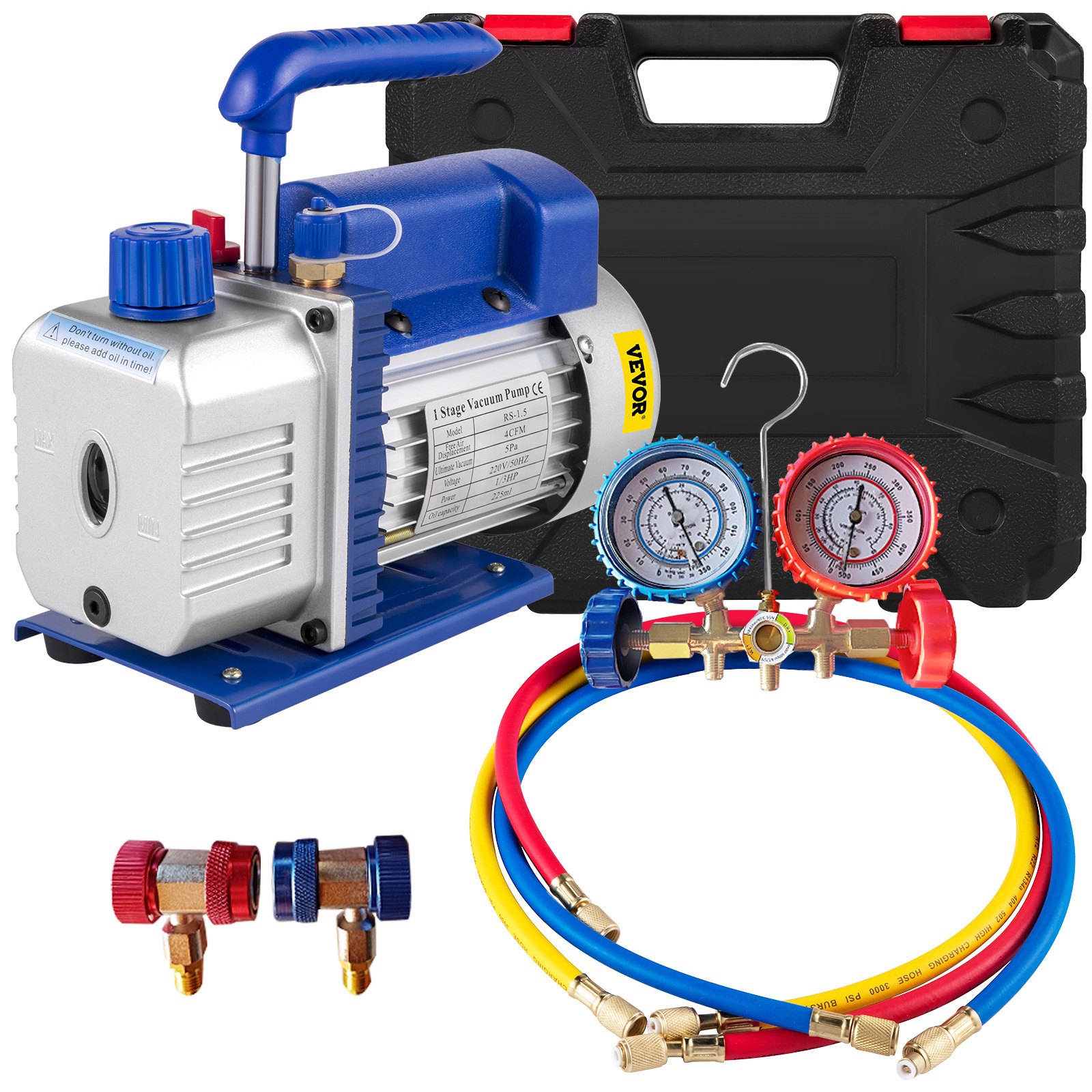 V952-4CFM14HPZKB1F001V3-202507141504-00 Vevor 4CFM 1/4HP Rotary Vane Vacuum Pump + R134AManifold Gauge Tester Charging +Hose - Image 1