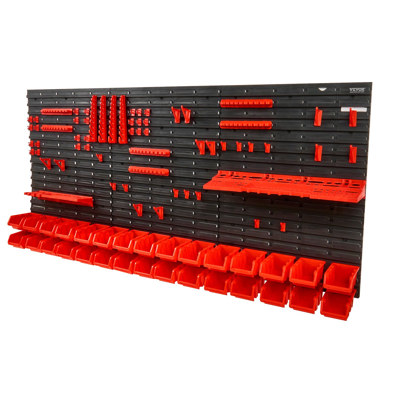 V952-BGSWLXGJBGWLFKK39V0-202507141432-00 VEVOR Wall Mounted Storage Bins, 30-Bin Parts Rack Organizer Garage Plastic Shop Tool with Wall Panels/Tool Holders/Hooks, Tool Organizer for Nuts, Bolts, Screws, Nails, Beads, Buttons, Black and Red - Image 1