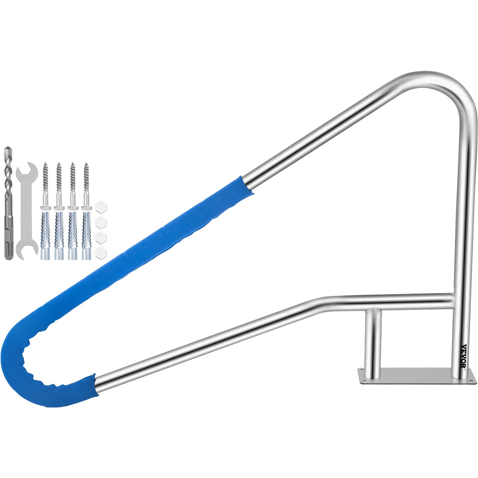 V952-BXGYCFS4W55X32YC1V0-202507141747-00 VEVOR Pool Rail 55x32 Pool Railing 304 Stainless Steel 250LBS Load Capacity Silver Rustproof Pool Handrail Humanized Swimming Pool Handrail with Blue Grip Cover & M8 Drill Bit & Self-Taping Screws - Image 1