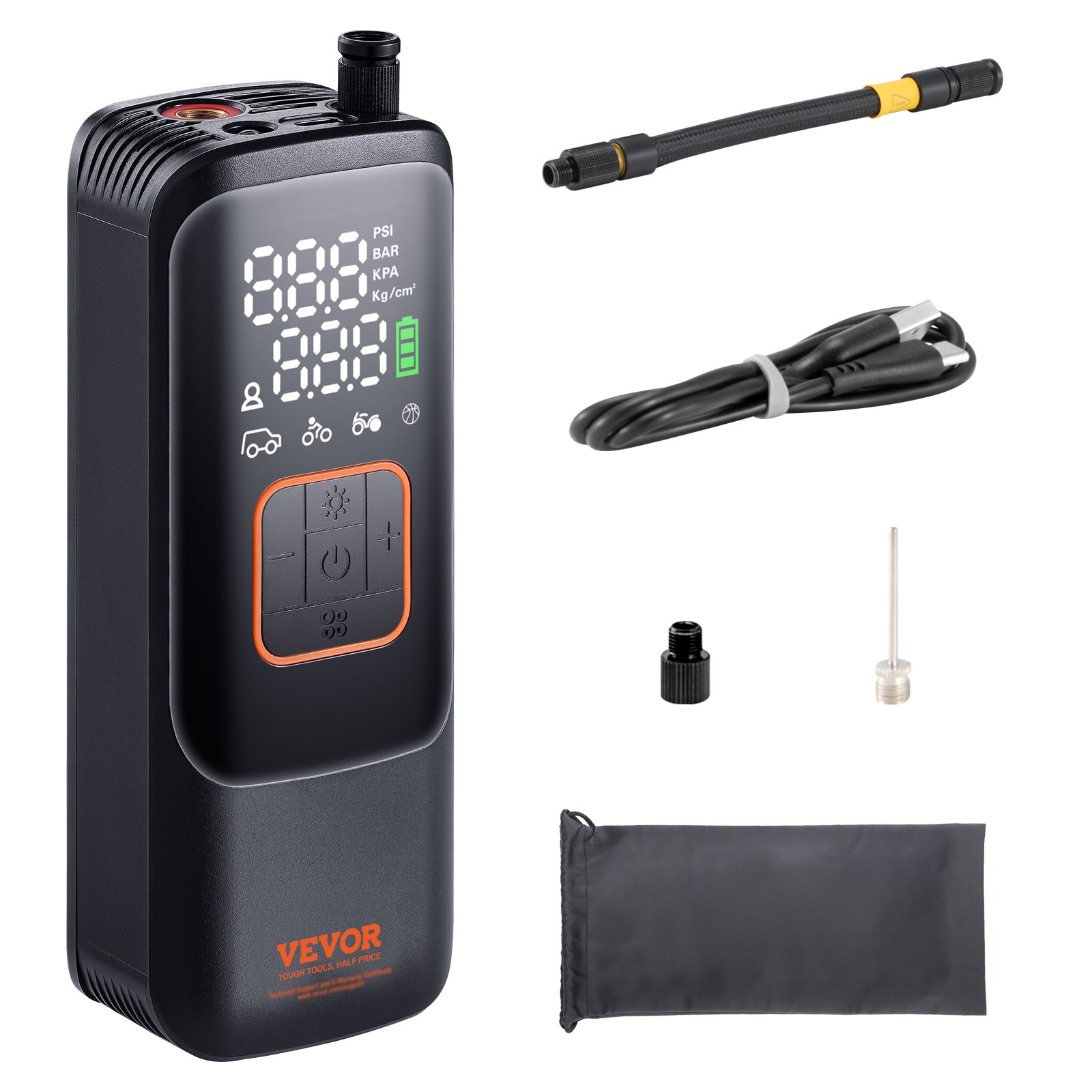 V952-CDSLTCQJ22005A79WV9-202507141240-00 VEVOR Tire Inflator Portable Air Compressor, 150 PSI Electric Air Pump, 4000mAh Rechargeable Tire Pump with Auto-Off Function, LCD Pressure Gauge, 3 Nozzles, LED Light for Car Motorcycle Bike Ball - Image 1