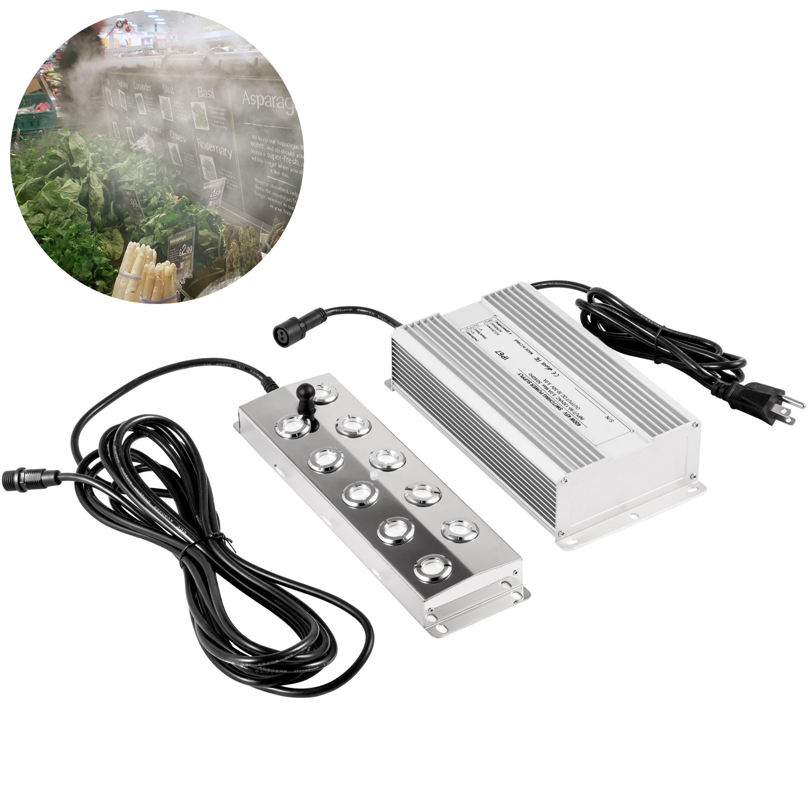 V952-CSBWHQ10TFS000001V3-202507141310-00 VEVOR Mist Maker 10 Head Ultrasonic Mist Fogger with Waterproof Power Supply Ultrasonic Fogger Humidifier Stainless Steel Pond Mister Fogger 5kg/h Ultrasonic Mist Humidifier for Gardening and Pond - Image 1