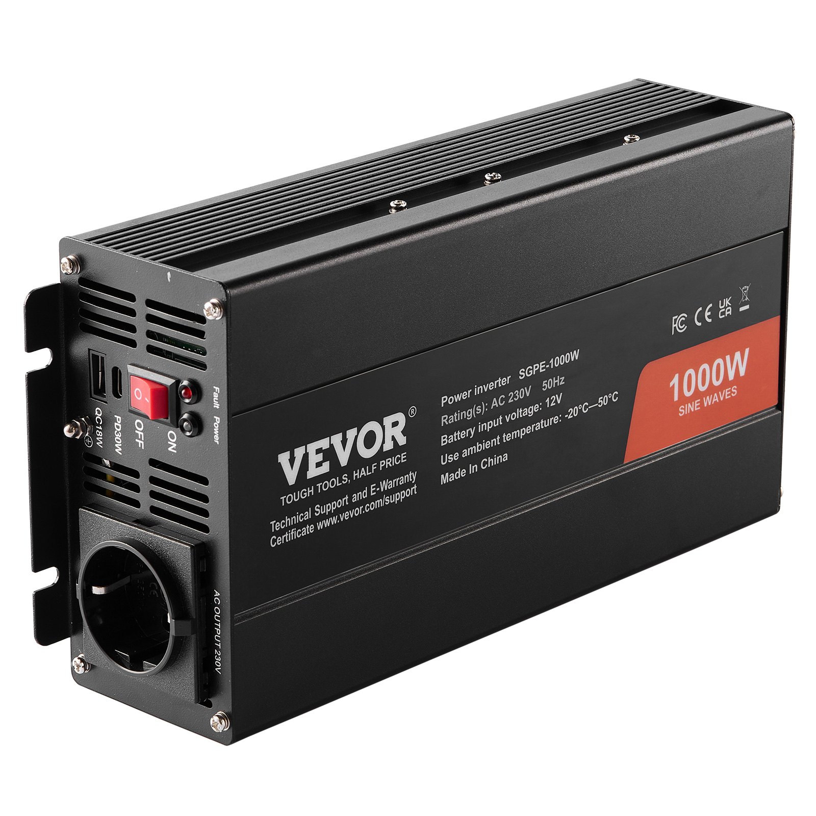 V952-CZXNBQ1000WCILWT2V3-202507141441-00 VEVOR Pure Sine Wave Inverter, 1000 Watt, DC 12V to AC 230V Power Inverter with 2 AC Outlets 2 USB Port 1 Type-C Port, Remote Control for Small Home Devices like Smartphone Laptop, CE FCC Certified - Image 1