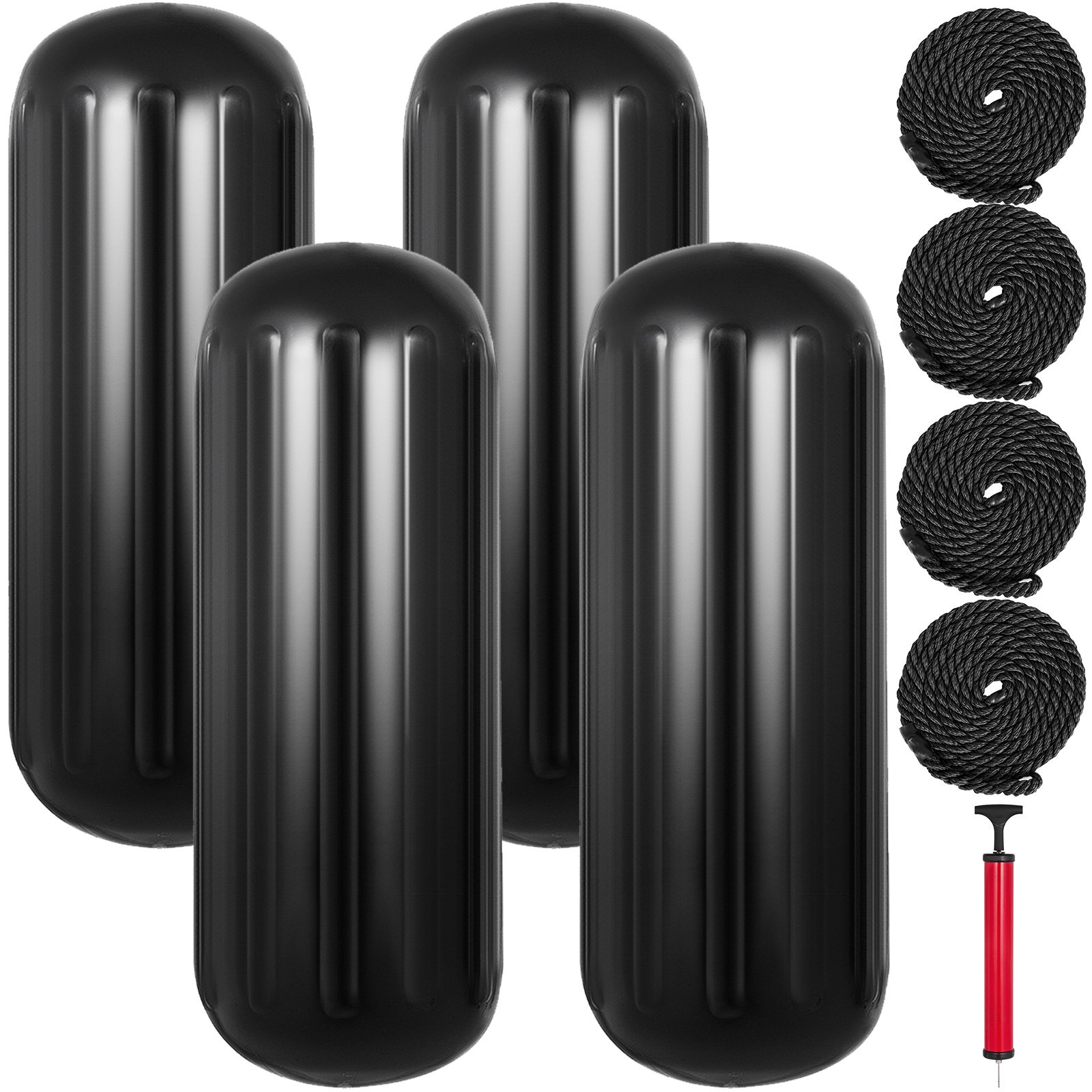 V952-DNB10X28YCBHQHS01V0-202507141436-00 VEVOR Boat Fenders, 10" x 28" Ribbed Fender, 4 Pack Boat Bumpers, Hole Through Middle Ribbed Inflatable Boat Fender with 4 Ropes, for Pontoon Boat Sailboat, Ski Boat, Black - Image 1