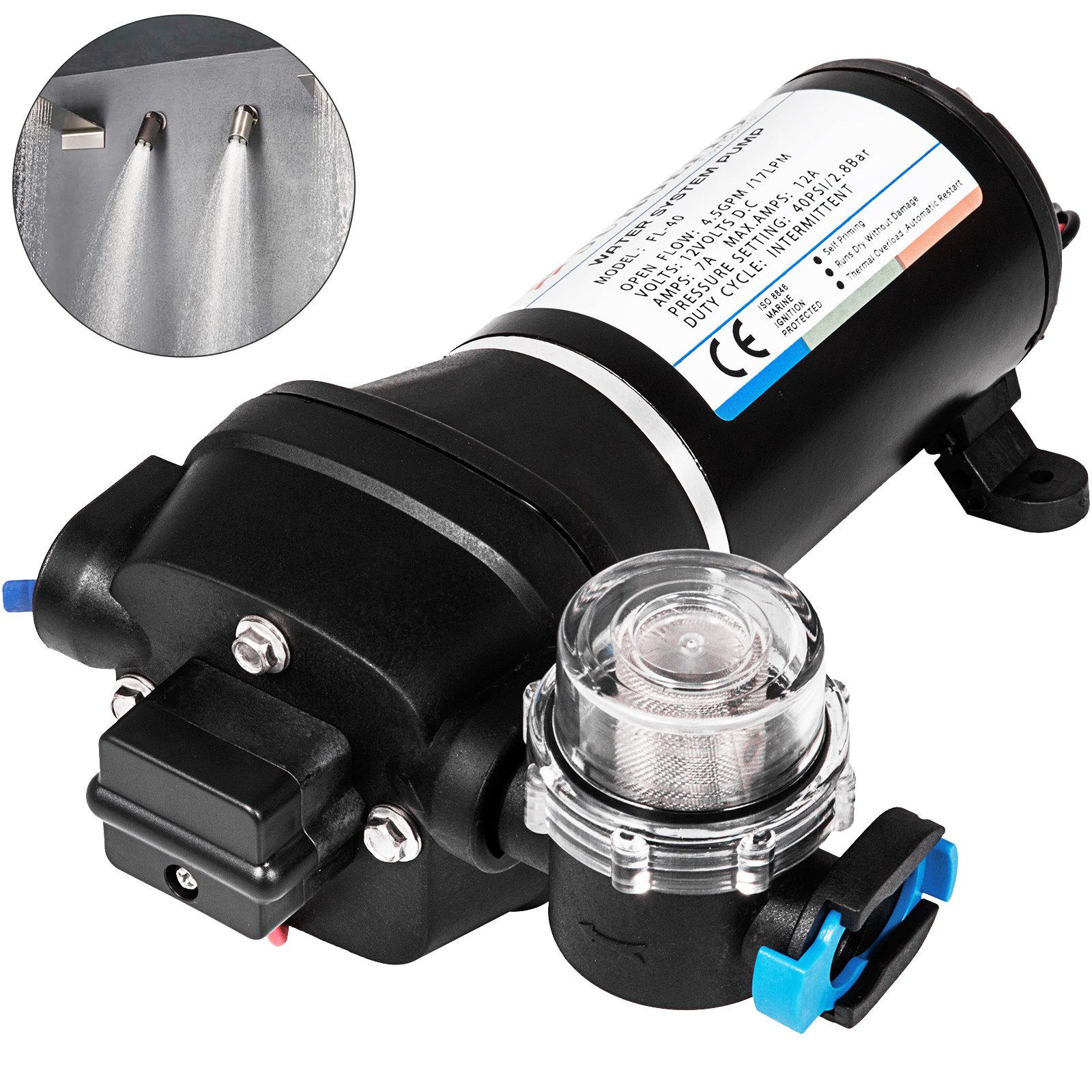 V952-FL-40GMB12V000001V0-202507141326-00 VEVOR Water Pressure Diaphragm Pump, 12V FL-40 High Pressure Diaphragm Water Pump, 40PSI Automatic Self Priming Water Pump, 17L/MIN Misting Booster Sprayer Diaphragm Pump for Caravan Boat RV Garden - Image 1