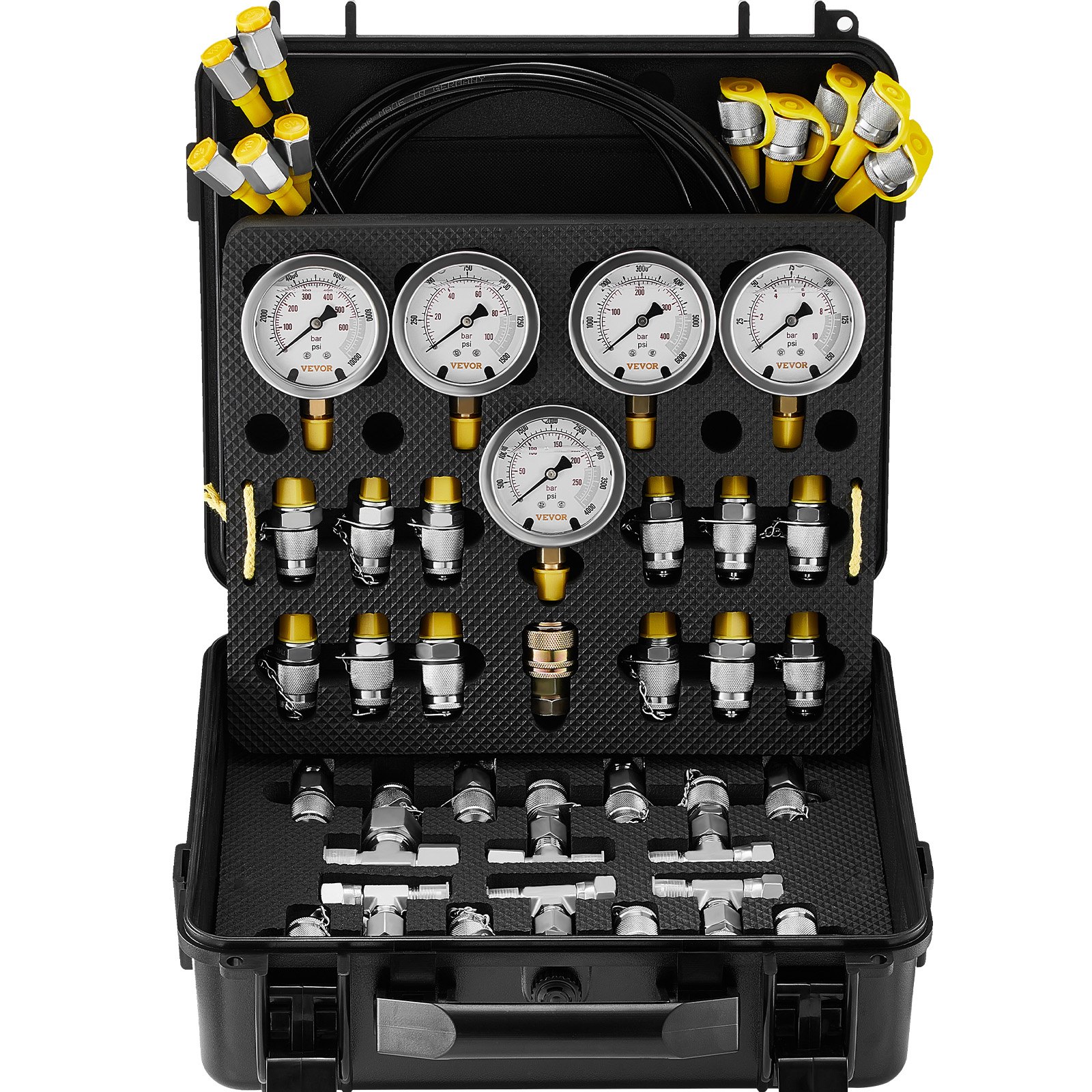 V952-JXYBZ5T13G0031N8JV0-202508011943-00 VEVOR Hydraulic Pressure Test Kit, 10/100/250/400/600bar, 5 Gauges 13 Couplings 14 Tee Connectors 5 Test Hoses, Excavator Hydraulic Test Gauge Set with Carrying Case for Excavator Tractors Machinery - Image 1