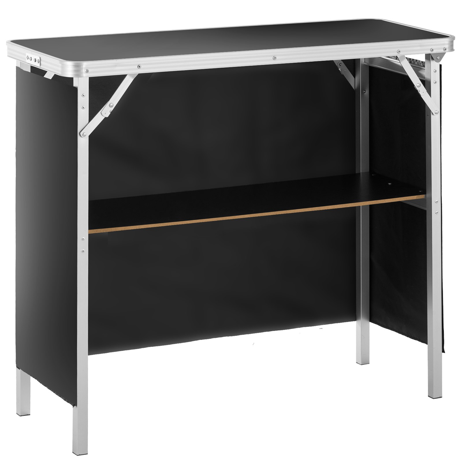 V952-LSZST20ZDSZJN1VEHV0-202508012145-00 VEVOR Folding Portable Bar Table, Tradeshow Podium Table for Indoor, Outdoor, Party, Picnic, Exhibition, Includes Carrying Case, Storage Shelf and Black Skirt, 38.39" x 15.16" x 34.25“ - Image 1