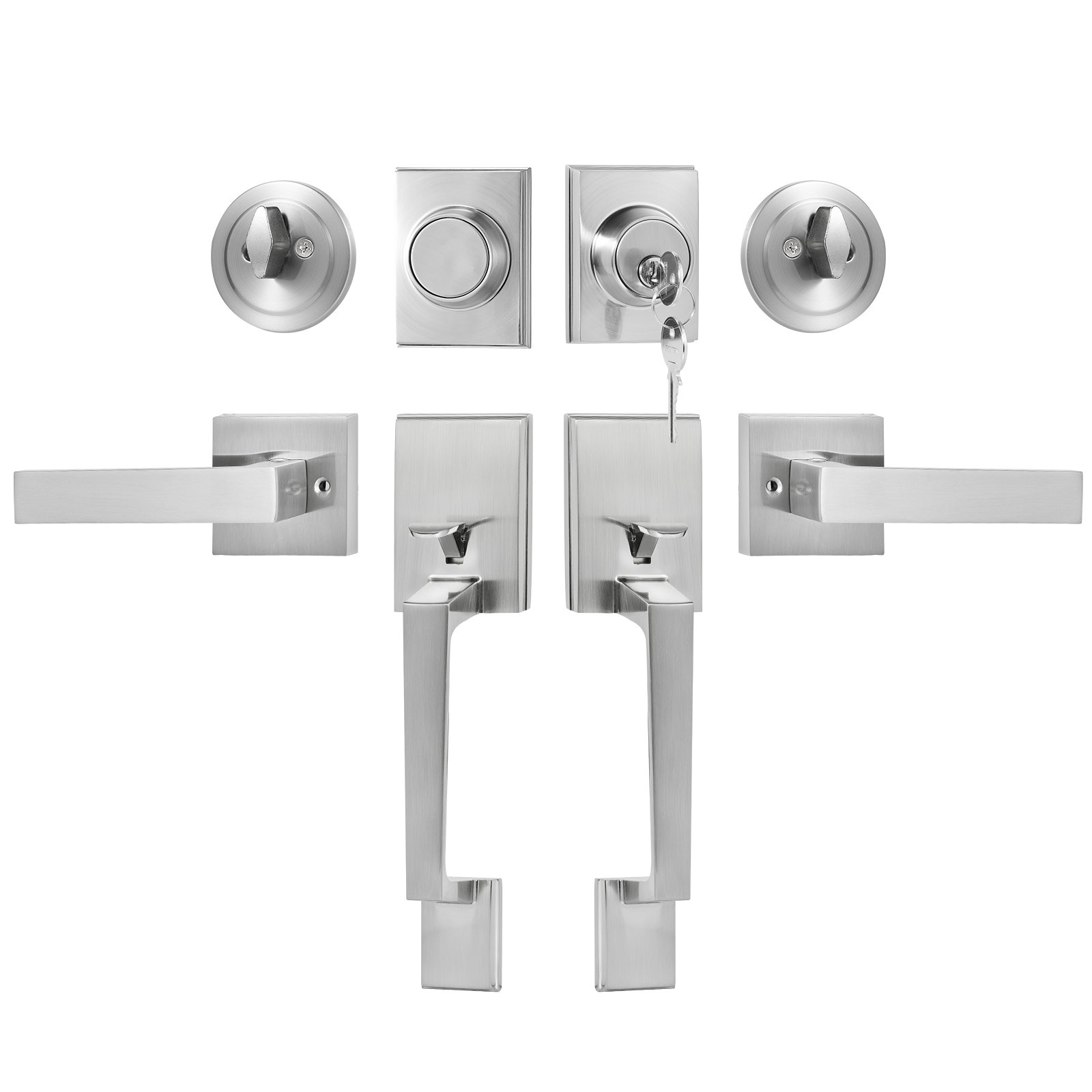V952-SMSBDMNDSFXLP6JSTV0-202507141522-00 VEVOR Double Door Handle Set, Satin Nickel Square Door Lever, Heavy Duty Double Front Door Handle Set with Dummy, Double Door Lock Set with Reversible Handle Lever, for Front Door or Office Door - Image 1