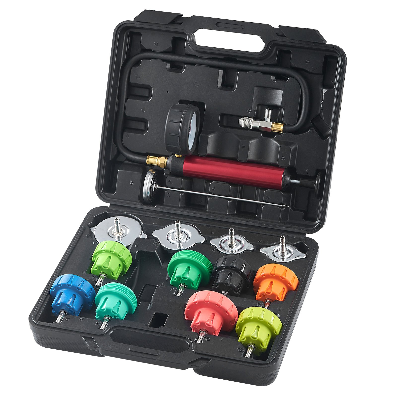 V952-SRQLQYYLCSY192TC2V0-202507141720-00 VEVOR 14 pcs Universal Radiator Pressure Tester Kit, Coolant Pressure Tester Kit with Manual Pump and Color-coded Steel Test Cap Adapters, with Toolbox, For Cars Motorcycles Trucks Cooling System - Image 1