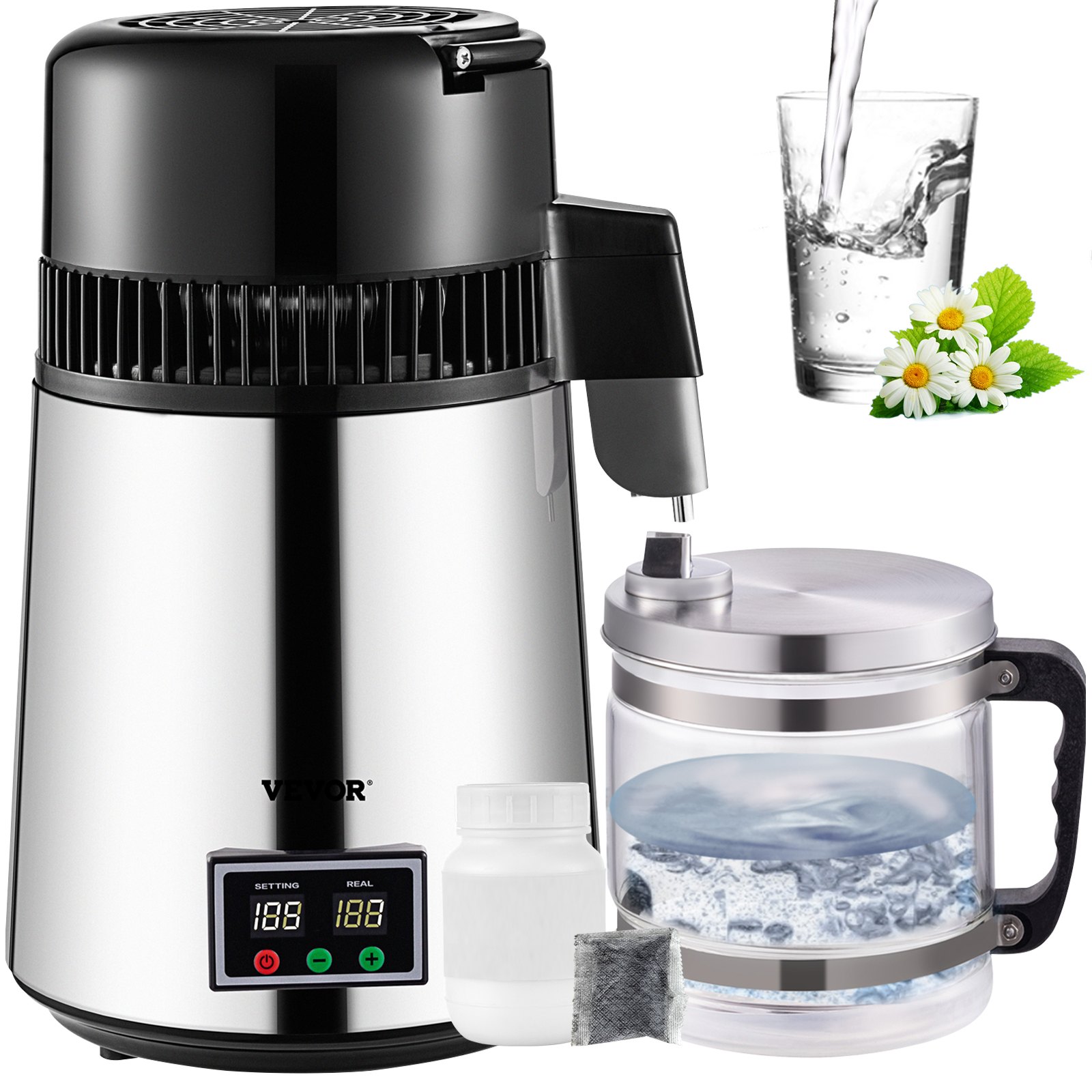 V952-ZLJWXKYSACIHVQ18CV3-202507141532-00 VEVOR 1.1 Gal Water Distiller, 0.3 Gal/H, 750W Distilled Water Maker Machine 0-99H Timing Set Temp Display, 304 Stainless Steel Countertop Distiller Glass Carafe Cleaning Powder 3 Carbon Packs, Silver - Image 1