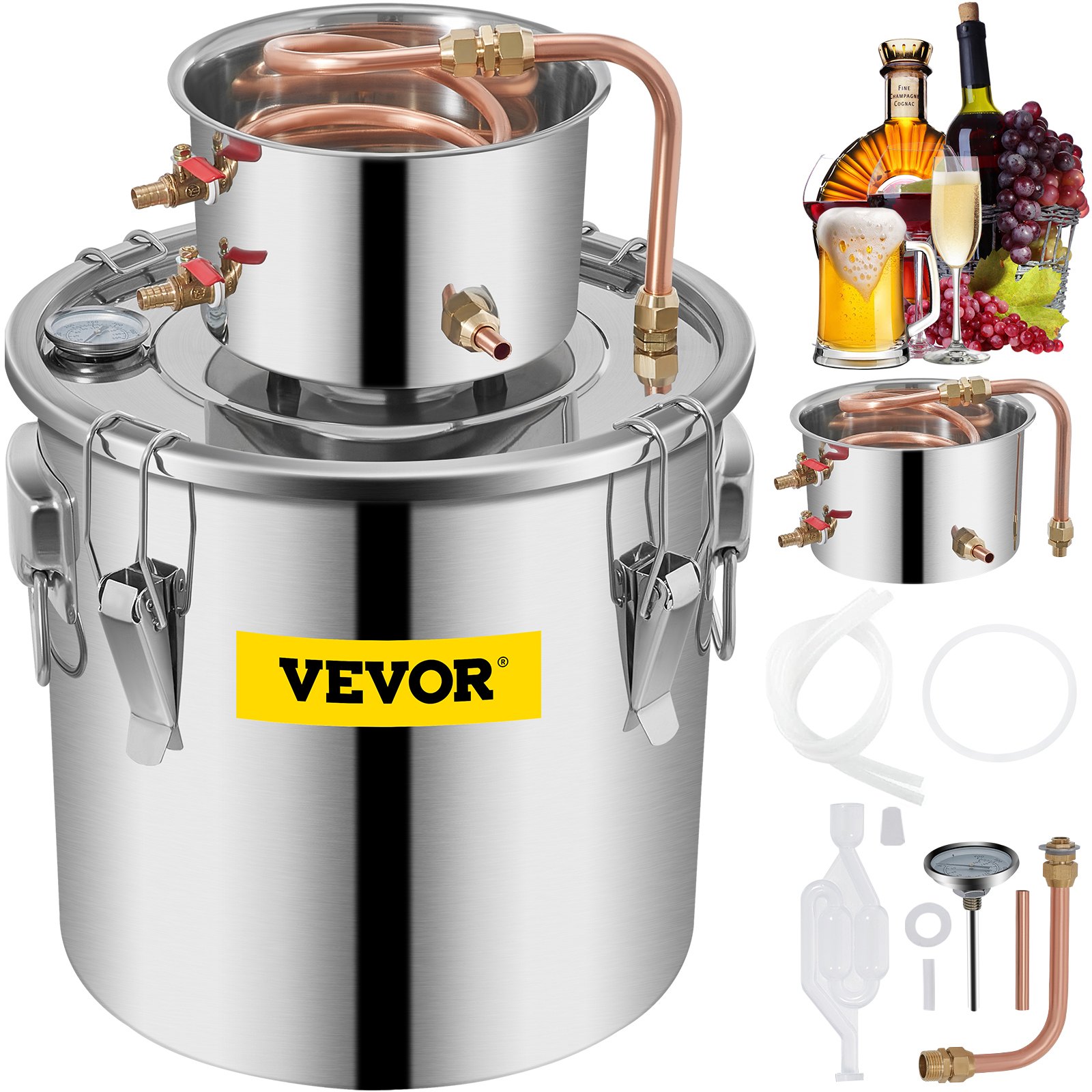V952-ZLSJ8GALZLQ000001V0-202508012140-00 VEVOR Moonshine Still 9.6Gal 38L Stainless Steel Water Alcohol Distiller Copper Tube Home Brewing Kit Build-in Thermometer for DIY Whisky Wine Brandy, Sliver - Image 1